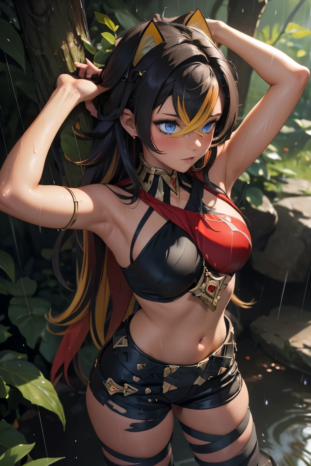High quality shy and timid,(photo quality) masterpiece, 4k high res, shy pose, teasing, blushing, thigh, dehya from genshin impact , forest ,wet, sweat , raining, croptop, short pants , armpit , sleeping, from above