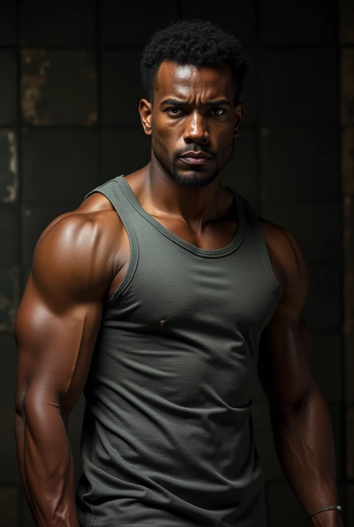 A hyper-realistic portrait of a determined man with a muscular build ...