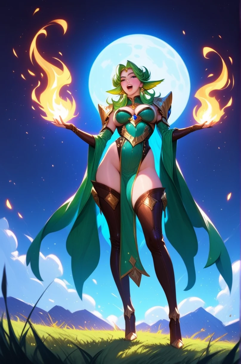 1girl, sexy, white skin, anime woman, happy, glowing green eyes, extremely short glowing orange hair, wearing a up skirt, nipples, full body
