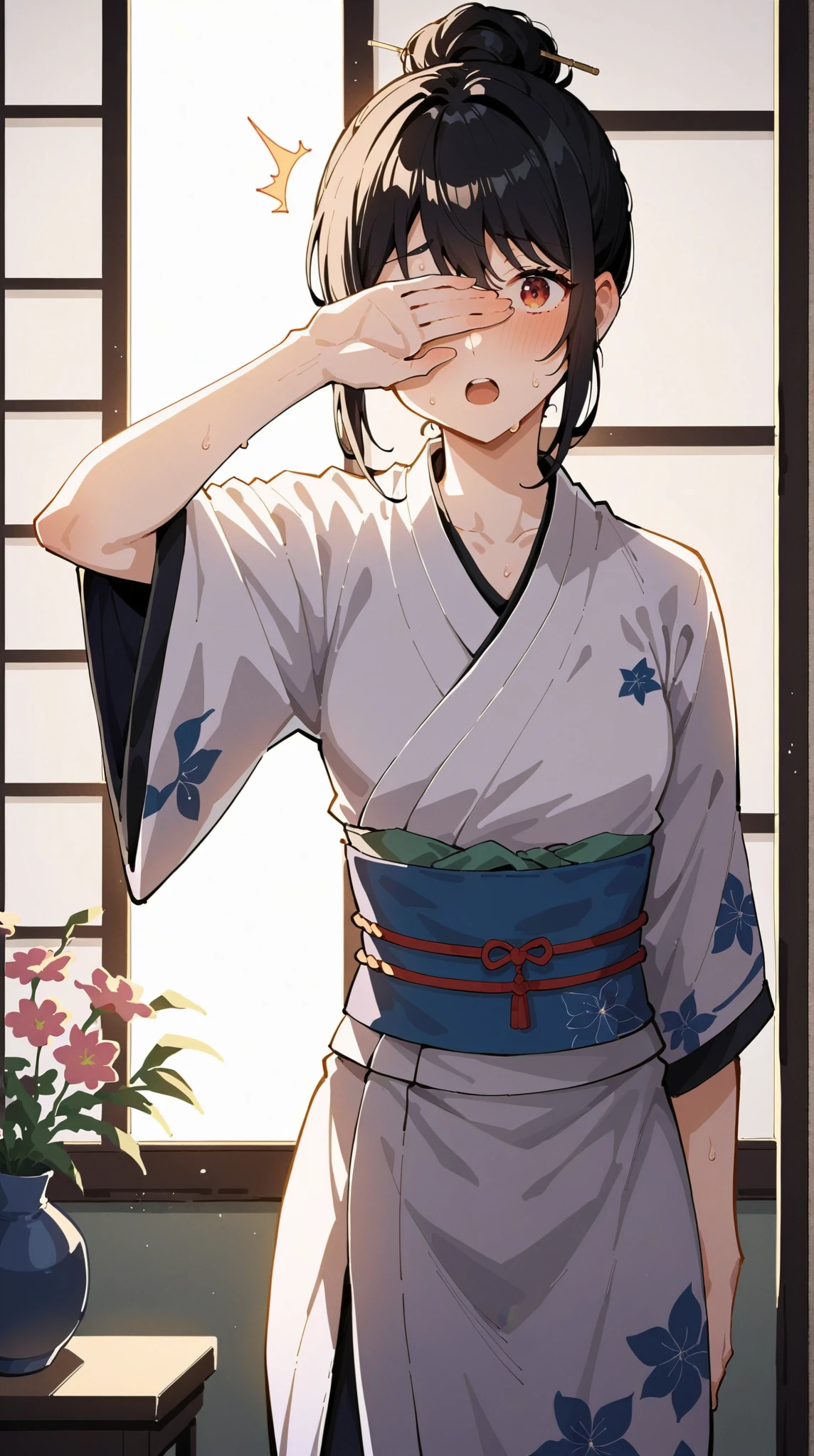 score_9,score_8_up,score_7_up BREAK neolight, (highres, high resolution, 8k, highest quality, best quality, masterpiece, extremely detailed), soft lighting, volumetric lighting, 1girl, adult, black hair, short hair, hair bun, Wispy Bangs, straight hair, faceless, surprised look, nervous. embarrassing, blush, sweat, japanese clothes, traditional japanese kimono, kimono, {white kimono:1.35}, {flower-patterned kimono:1.35}, white skin, medium breast, hourglass figure, thick body, covering face, face concealment, arm up, (perfect anatomy, perfect proportions, perfect figure:1.3), (Single Shot, facing viewer, cowboy shot) (background: japanese living room with a beautiful garden),