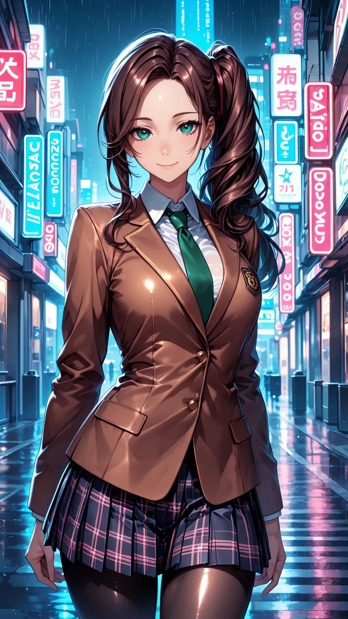masterpiece, best quality, vibrant, very aesthetic, high contrast, anime style, semirealistic,  newest,  shiny skin,slender, cinematic-lightning, Enhance colors to maximum saturation, cowboy shot, high contrast, 1girl, detailed eyes, green eyes, slightly smile, detailed semi-long hair, dark brown silky hair, forehead, sliced back hair, side ponytail, contrapposto, Captivating thighs, uniform, brown blazers, Green tie, Plaid Pleated Skirt, black tights, rainy cyber city, at night

