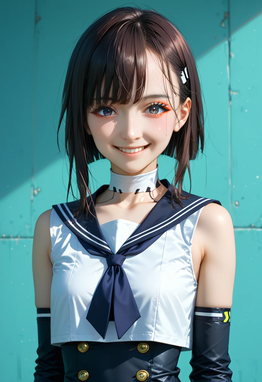 (half closed eyes:1.1), (sexual expression:1.2), Fascinated expression, smile, (blush:1.2), (cabello despeinado), (illustration), retrato, (fondo de ciudad futurista), (arms behind back), Cintura delgada, gran sonrisa, ojos detallados, abdominales fuertes, chica delgada, muscle girl, front pose, big thighs, focus on face, flat nude chested, large city background, blue hair, sailor uniform, skirt, sit on rock, twin tails