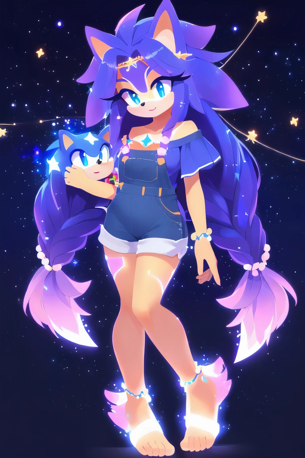 Sonic oc, Mobian, Sonic the hedgehog but female, female, Cosmic entity hedgehog, A beautiful bluish purple furred hedgehog, blue eyes, very long hair/quills, braided and beaded long hair bangs, long streaks of hair on each side of her face, (star constellation on hair, beads on hair, smooth fur, slim thick hourglass body, slim fit, wearing a off shoulder blouse with an overall shorts, star markings on feets, hair decorated with rings, flowing hair, glowing marks on feet, mother, carrying a baby hedgehog, ethereal beauty