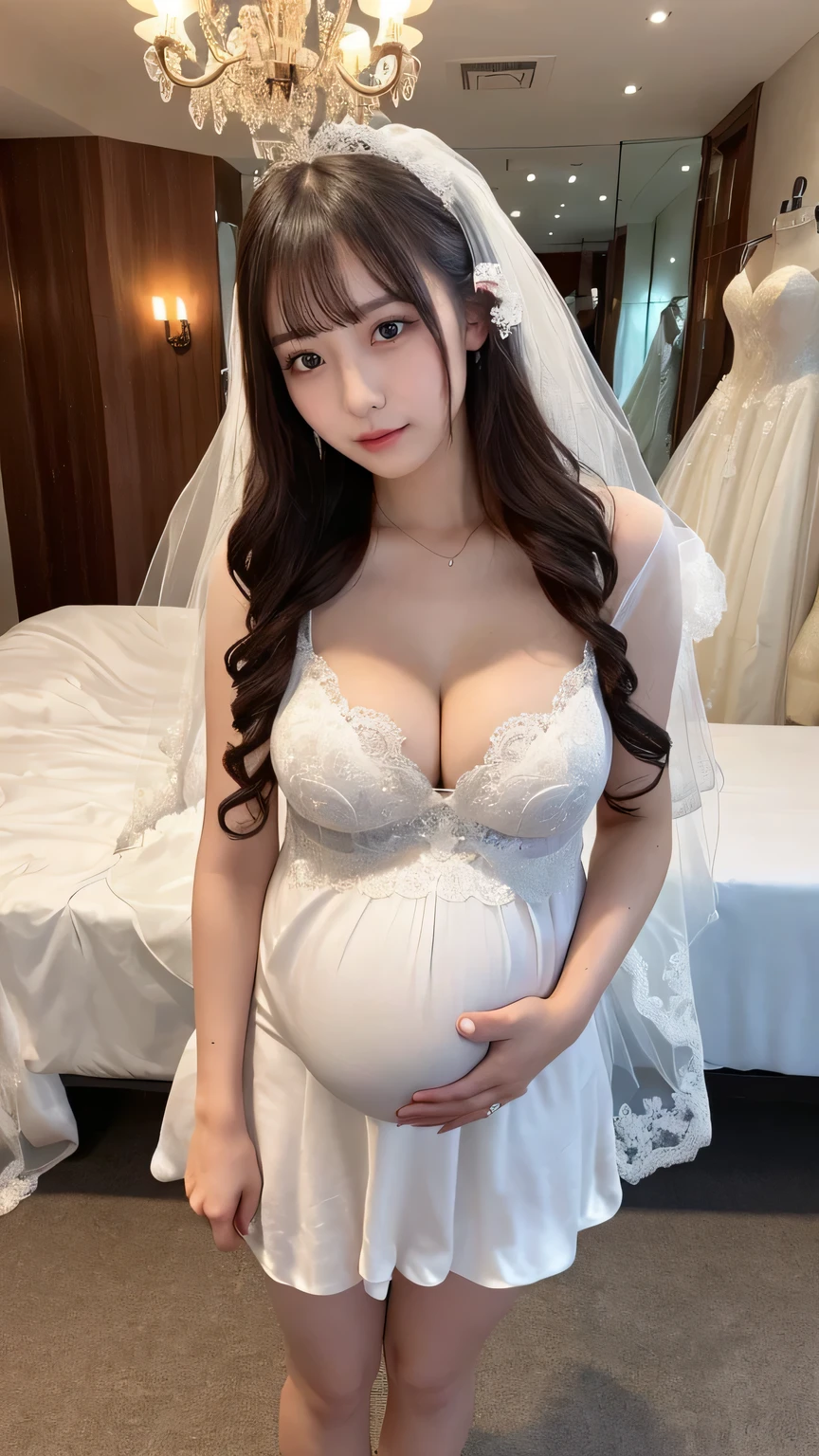 1girl,Pregnant, happy face, large breast, wedding dress, long hair, ultra realistic, ultra detail, masterpiece, best quality,70mm lens