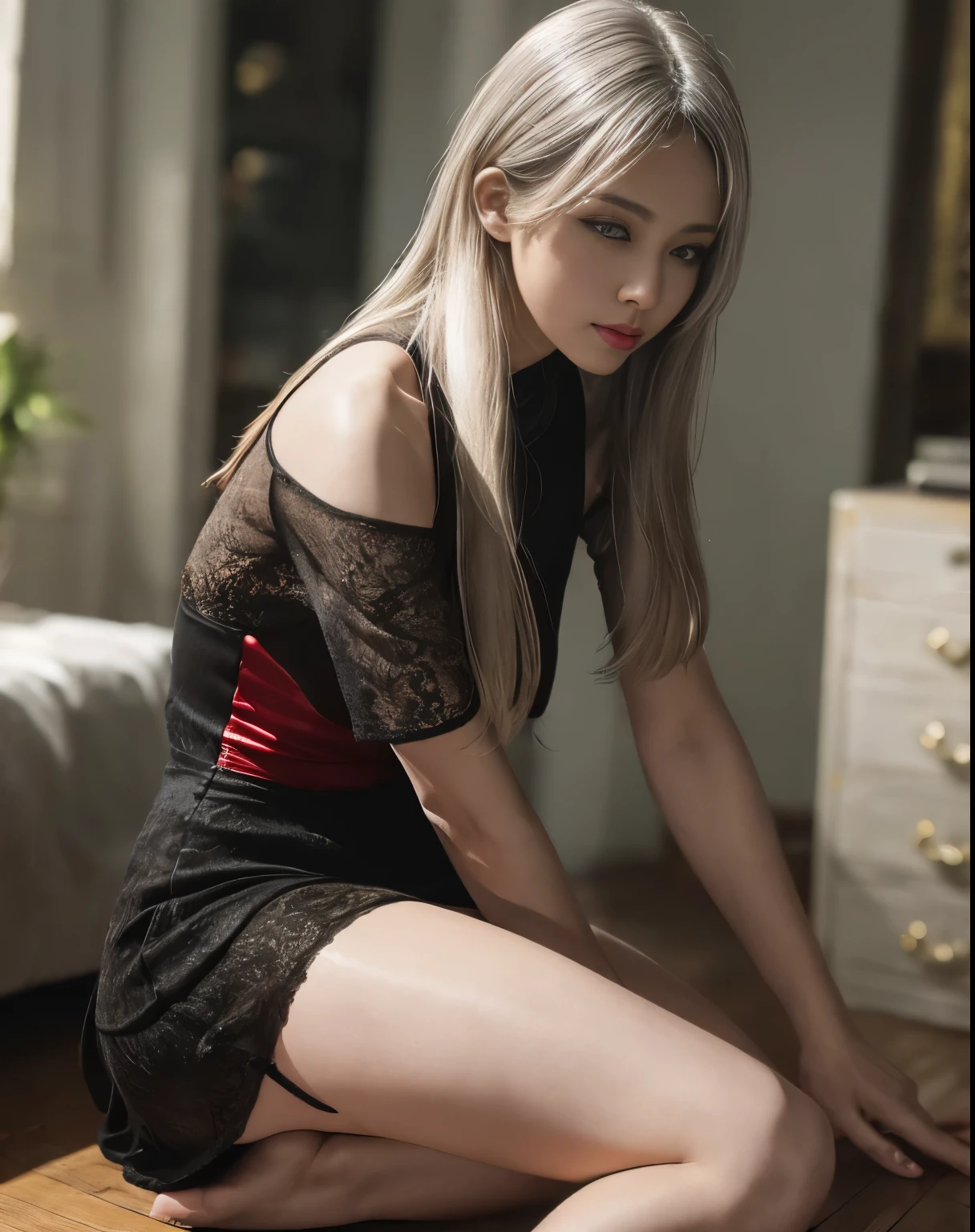 ulzzang-6500-v1.1, (original photo:1.2), (actual:1.4), Beautiful and delicate girl, Very detailed eyes and face, beautiful details eyes, Ridiculous, incredibly Ridiculous,, super detailed, high resolution, Very detailed, best quality, masterpiece, ((fashion clothing in different colors)), illustration, Very detailed, CG, Unite, 8k wallpaper, Astonishing, Fine details, masterpiece, best quality, Very detailed CG uniform 8k wallpaper, Menko, movie light, 1 girl, 16 years old, long white hair, side splits, (), (no underwear)), (dynamic poses))), ((sexy pose)),  (half), (pantyhose)), ((black hip skirt))，Highlight cleavage，Show breasts，whole body，super sexy，Ultra-clear，12k