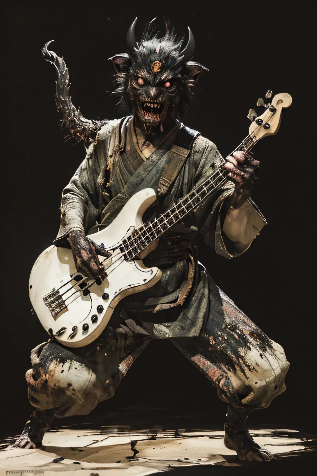 (( Darkness)), (( monster)), ((Jumpscare)),  outline warm color, ((Bon Odori)), ((Choju Jinbutsu Giga)), ((Shihon Bokuga)),  antique , (personality personification ), (Ink painting), ( Black and White Art ), (Old paper style illustration), (Hunting Painting Style, Little  monster, Old performance, Variation pointillism,  flat illustration ,  creepy, ((Horror elements)), ( creepy) worldview, ( Primitive art ),  outline warm color,  is in the style of an old picture scroll, Old stage, Ancient mural style, bass