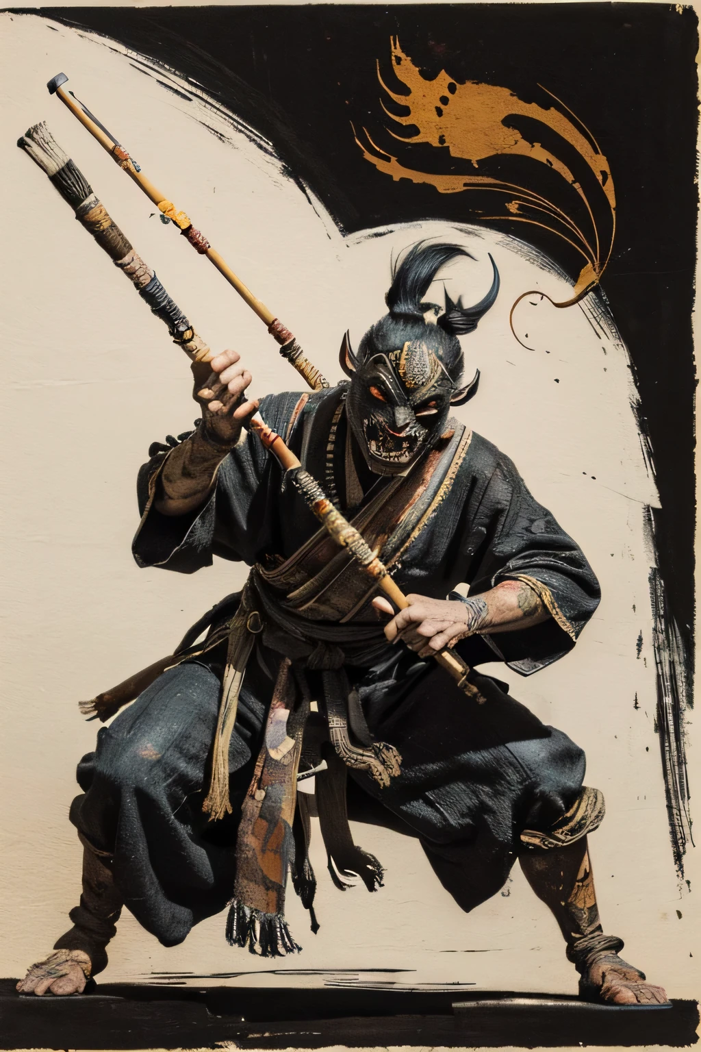 (( Darkness)), (( monster)), ((Jumpscare)), outline warm color, ((Bon Odori)), ((Choju Jinbutsu Giga)), ((Shihon Bokuga)), antique , (personality personification ), (Ink painting), ( Black and White Art ), (Old paper style illustration), (Hunting Painting Style, Little monster, Old performance, Variation pointillism, flat illustration , creepy, ((Horror elements)), ( creepy) worldview, ( Primitive art ), outline warm color, is in the style of an old picture scroll, Old stage, Ancient mural style, (flute, mask), intense movement