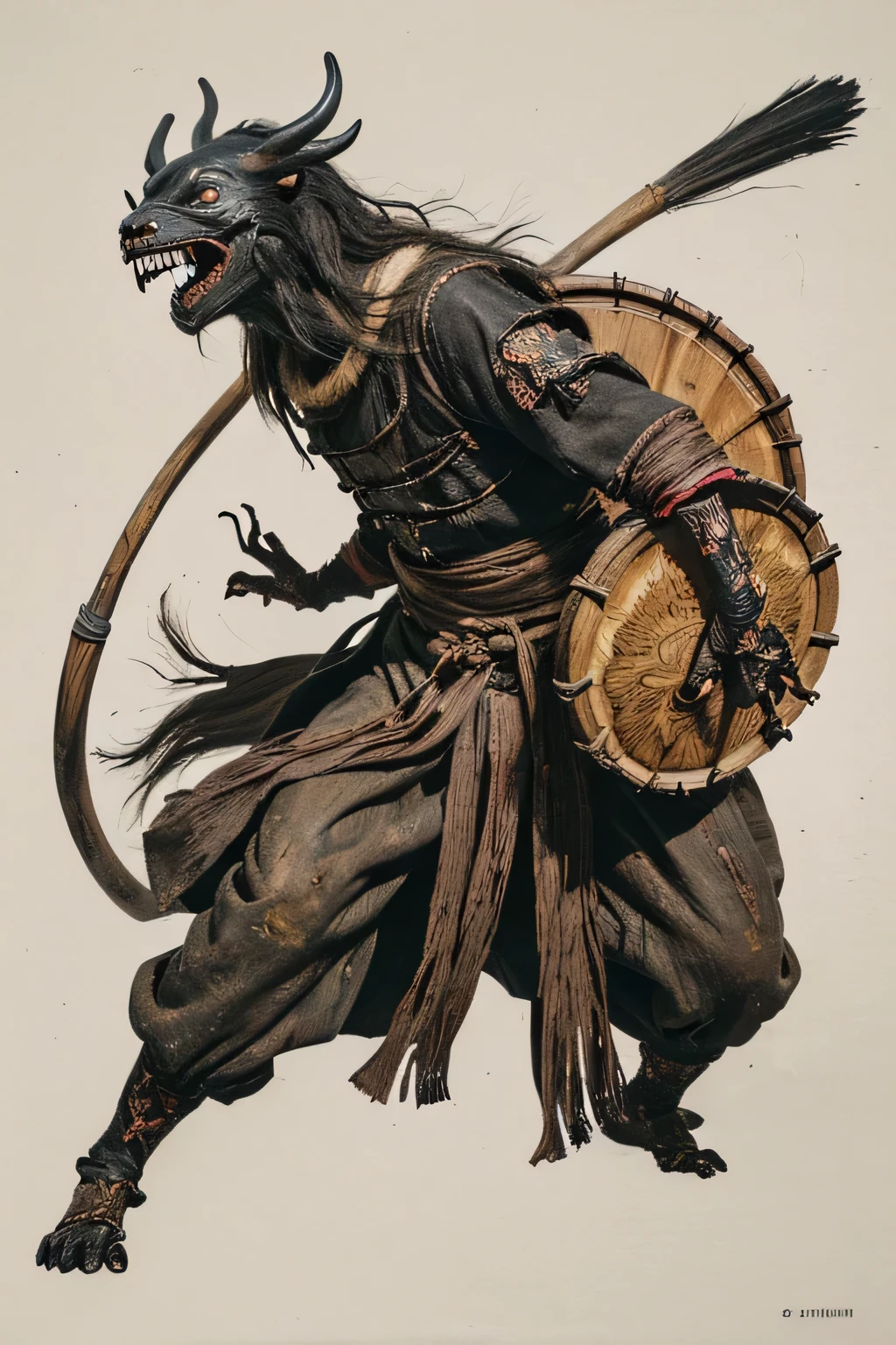 (( Darkness)), (( monster)), ((Jumpscare)),  outline warm color, ((Bon Odori)), ((Choju Jinbutsu Giga)), ((Shihon Bokuga)),  antique , (personality personification ), (Ink painting), ( Black and White Art ), (Old paper style illustration), (Hunting Painting Style, Little  monster, Old performance, Variation pointillism,  flat illustration ,  creepy, ((Horror elements)), ( creepy) worldview, ( Primitive art ),  outline warm color,  is in the style of an old picture scroll, Old stage, Ancient mural style, (Large drum, mask),  intense movement