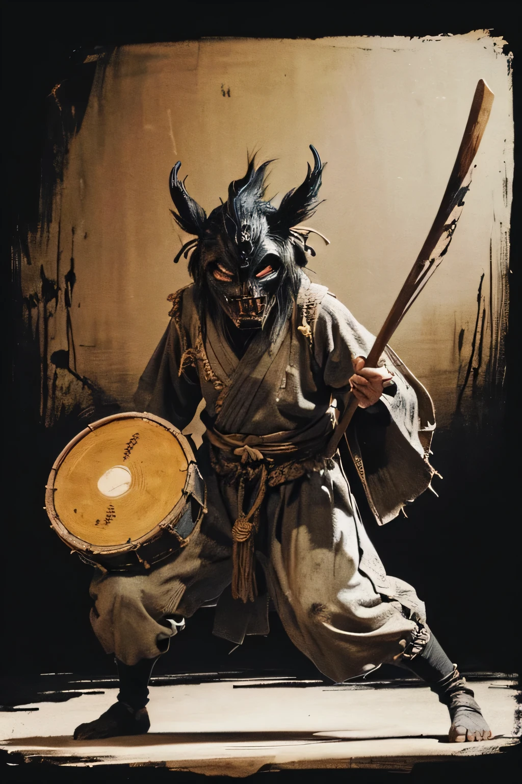 (( Darkness)), (( monster)), ((Jumpscare)),  outline warm color, ((Bon Odori)), ((Choju Jinbutsu Giga)), ((Shihon Bokuga)),  antique , (personality personification ), (Ink painting), ( Black and White Art ), (Old paper style illustration), (Hunting Painting Style, Little  monster, Old performance, Variation pointillism,  flat illustration ,  creepy, ((Horror elements)), ( creepy) worldview, ( Primitive art ),  outline warm color,  is in the style of an old picture scroll, Old stage, Ancient mural style, (Big drum, mask),  intense movement