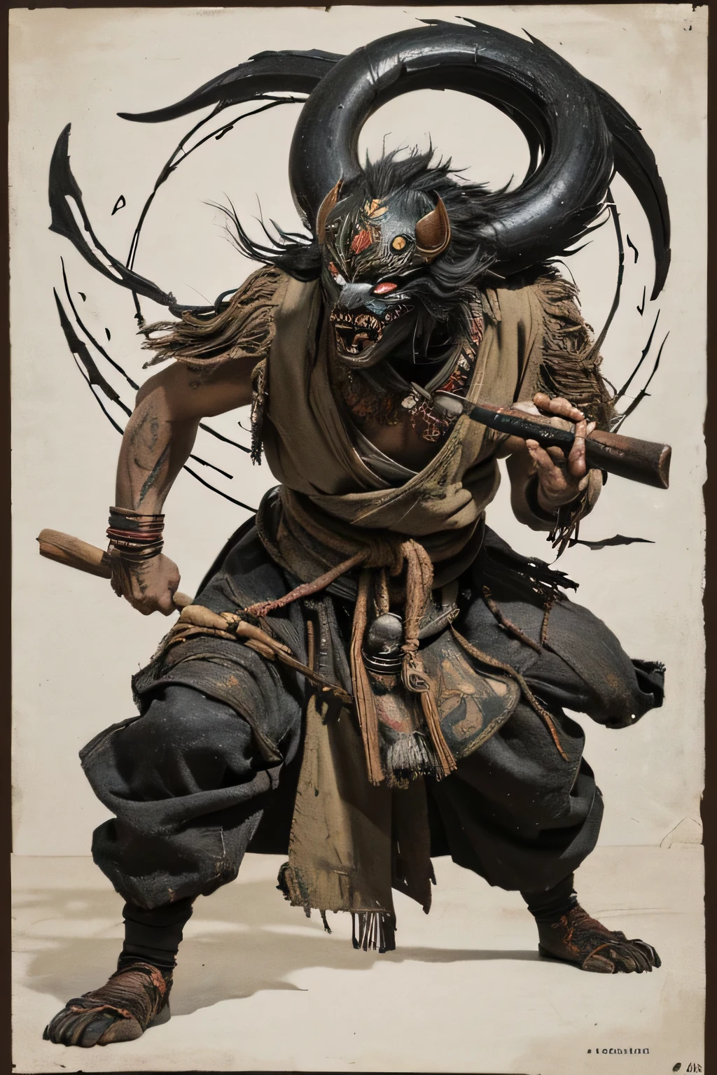 (( Darkness)), (( monster)), ((Jumpscare)), outline warm color, ((Bon Odori)), ((Choju Jinbutsu Giga)), ((Shihon Bokuga)), antique , (personality personification ), (Ink painting), ( Black and White Art ), (Old paper style illustration), (Hunting Painting Style, Little monster, Old performance, Variation pointillism, flat illustration , creepy, ((Horror elements)), ( creepy) worldview, ( Primitive art ), outline warm color, is in the style of an old picture scroll, Old stage, Ancient mural style, (Big drum, mask), intense movement