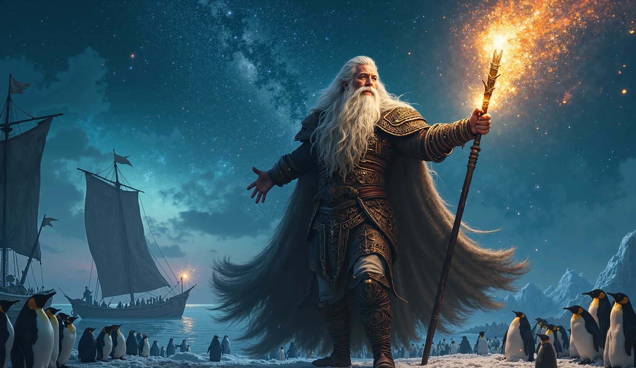 There is a man with a long beard holding a torch in his hand - SeaArt AI