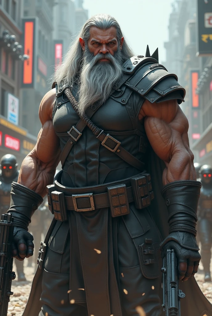 Fat, bald barbarian with sword in hand and skull in the other hand.