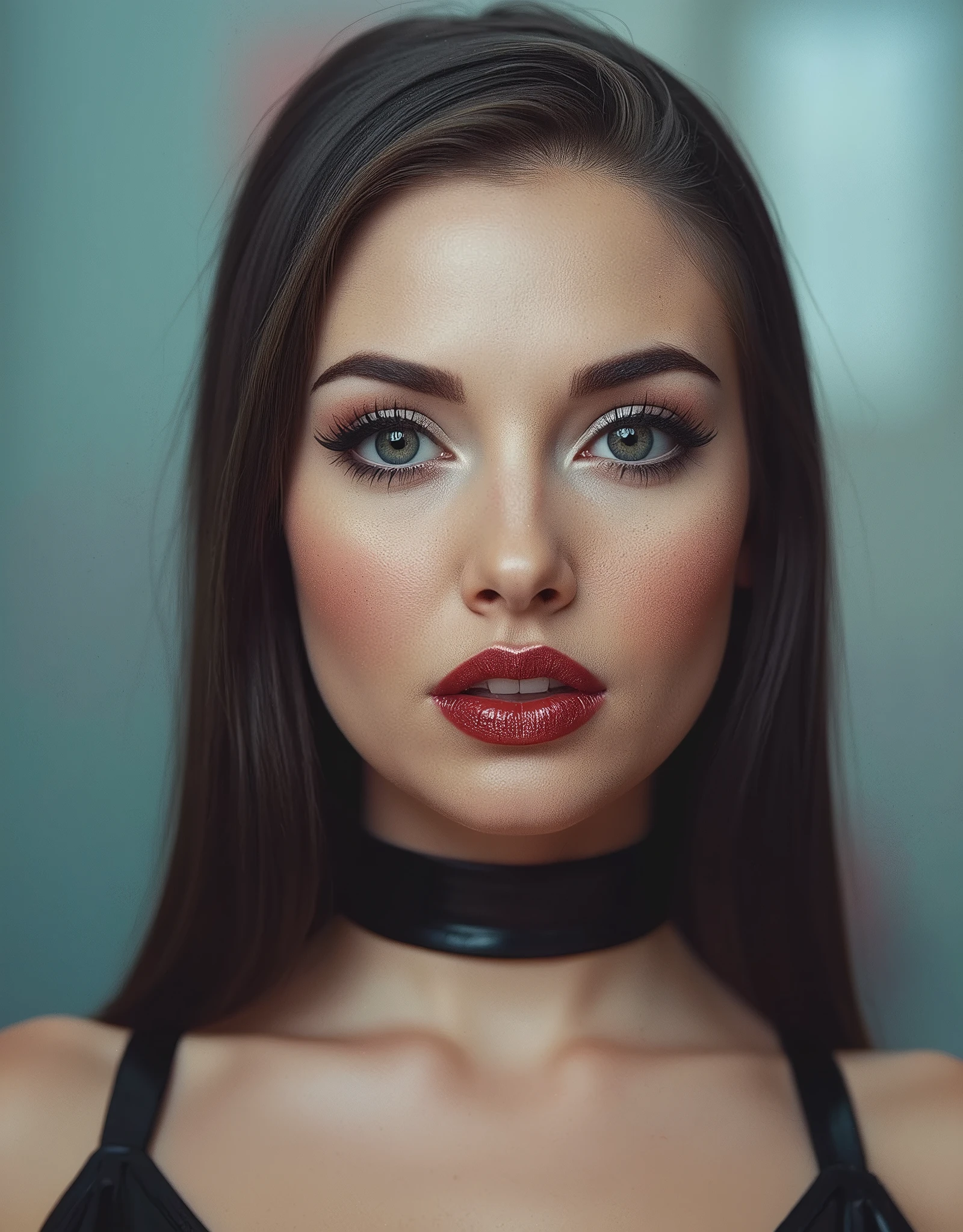 cute portrait of woman in a porn photoshoot, latex neck-entry catsuit, latex gimp, red lip gloss, thick eyeliner flicks, kinky latex, latex, shiny, eye contact, full lips, lip fillers, dark red lip gloss, shiny lips, glitter lips, latex choker