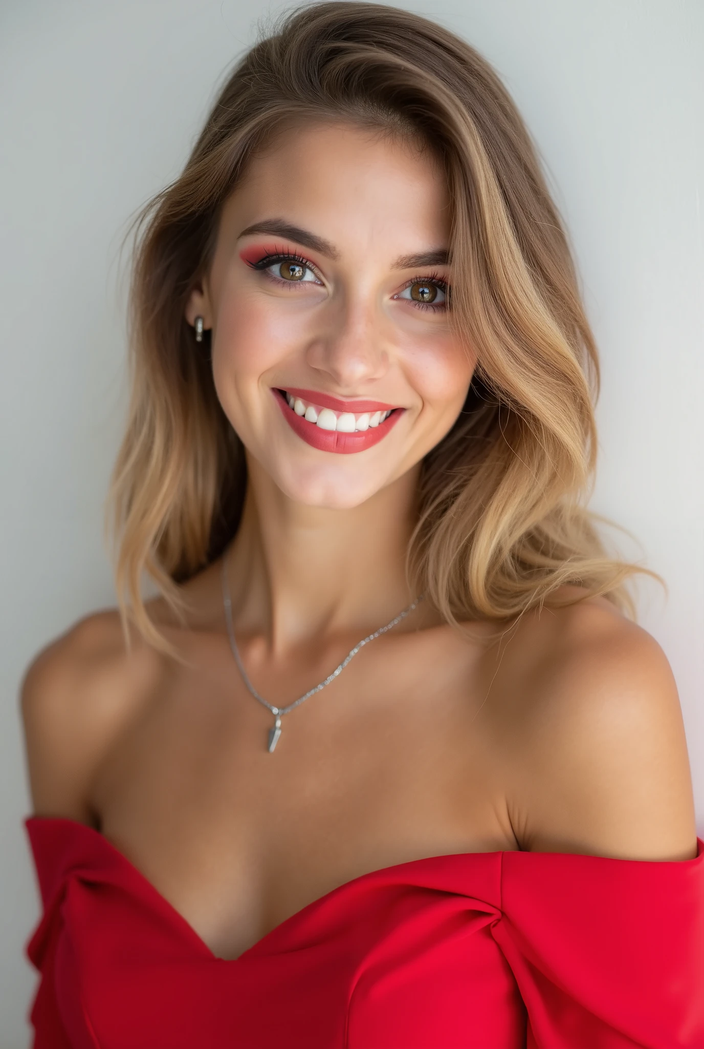 beautiful 白人woman 、、 She is wearing a red off-the-shoulder dress、Red eyeshadow 、Beautiful white woman with blond hair 、  hairstyle shortcuts、wavy hair 、 、 ear piercing、 Smiling Face Showing Her Teeth 、 necklace、 white background、
