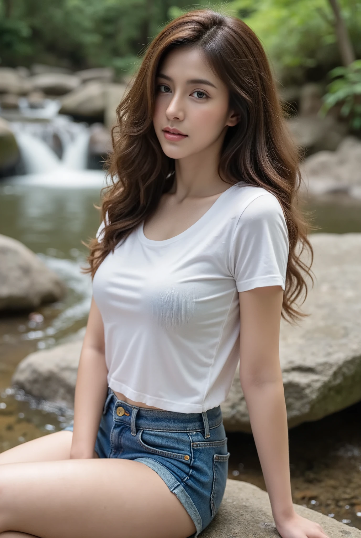 Thai girl 27s in a thin white t-shirt, ripped denim shorts, sitting on a rock with her feet in a stream, wet shirt, sexy: 8 Magic Pots, beautiful model, taking pictures in the forest, beautiful waterfall backdrop, very delicious, mm. Oil, cute girl, boiling, amazing view, almost oily, beautiful view