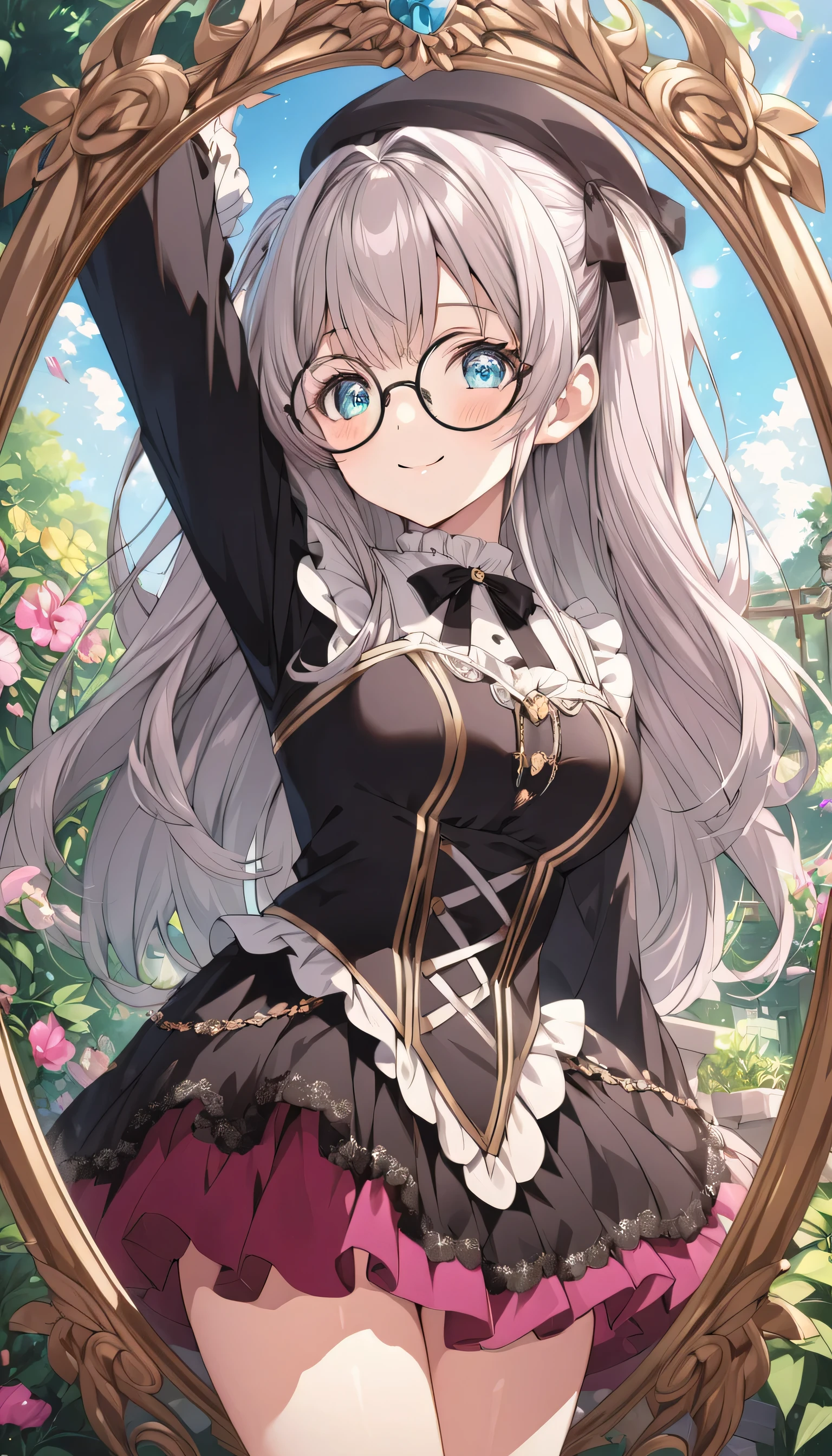 (((masterpiece))),(((best quality))),((ultra-detailed)),Hyper Real,Photorealistic,8K,high detail,high resolution,HDR,UHD,1girl,white long  hair,wavy hair,green eyes,serene expression,sexy posing,looking at viewer,maid_headdress,print_dress,skirt_hold,hoop_earrings,coke-bottle_glasses,black_choker,;d,cowboy_shot,blurry background,garden,lace-trimmed_legwear,