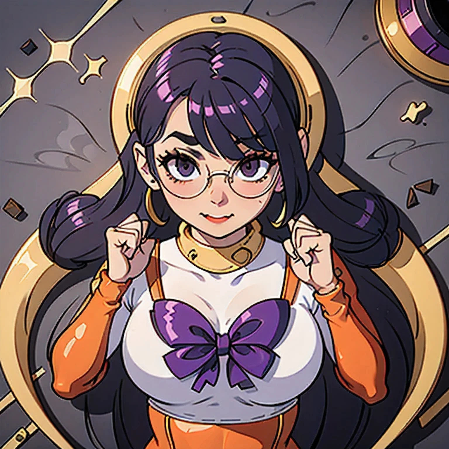 ((best quality)), ((highly detailed)), masterpiece, detailed face, beautiful face, (detailed eyes, deep eyes), (1girl), (glasses), upper body, ((dark skin, dark-skinned female, ebony)):1.2, dark hair, (very curly hair), purple eyes, (stars, galaxies, space, asteroids, planets, rocket ship), <lora:EnvyBeautyMix50:1>