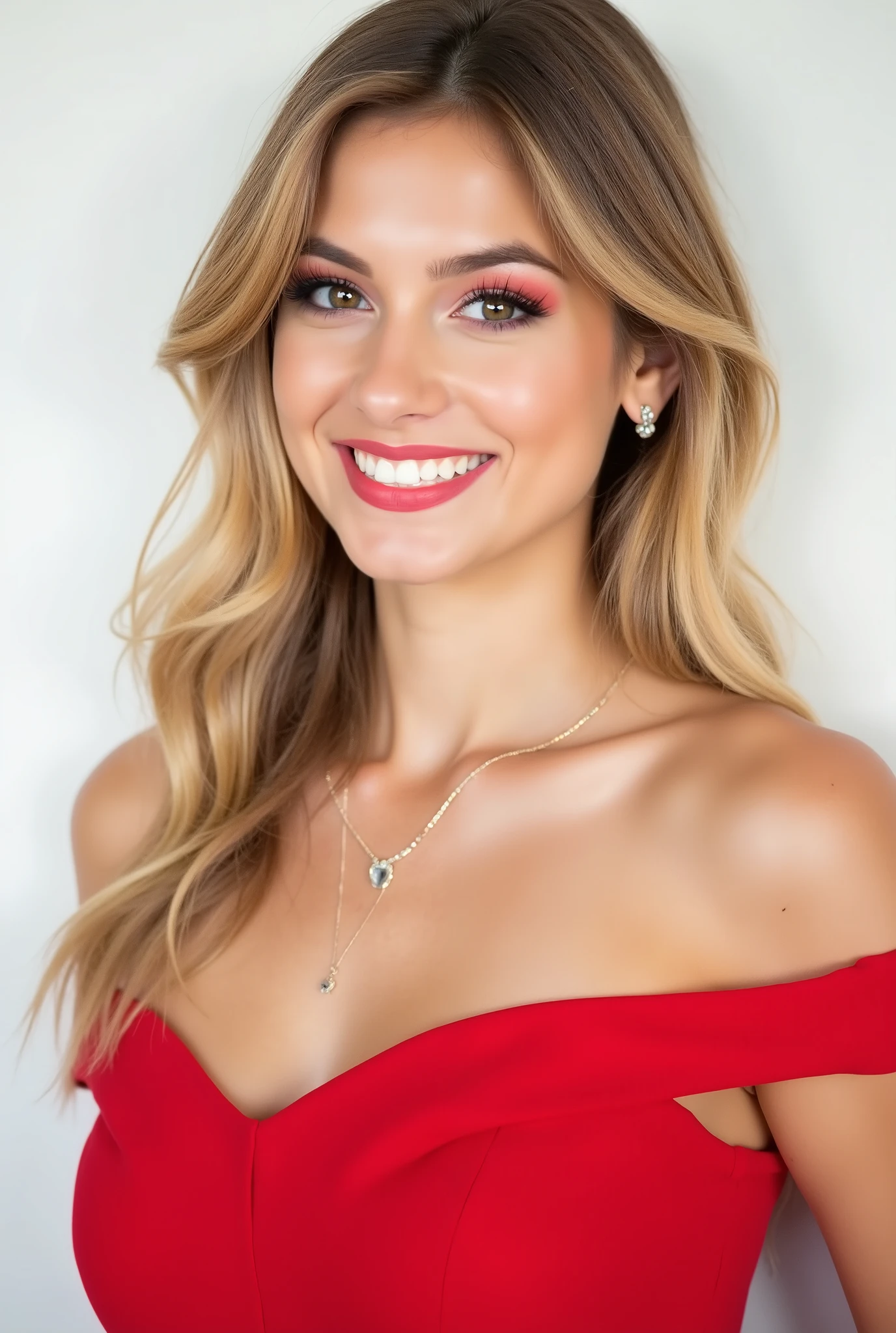 beautiful 白人woman 、、 She is wearing a red off-the-shoulder dress、Red eyeshadow 、Beautiful white woman with blond hair 、 hairstyle shortcuts、wavy hair 、 、 ear piercing、 Smiling Face Showing Her Teeth 、 necklace、 white background、