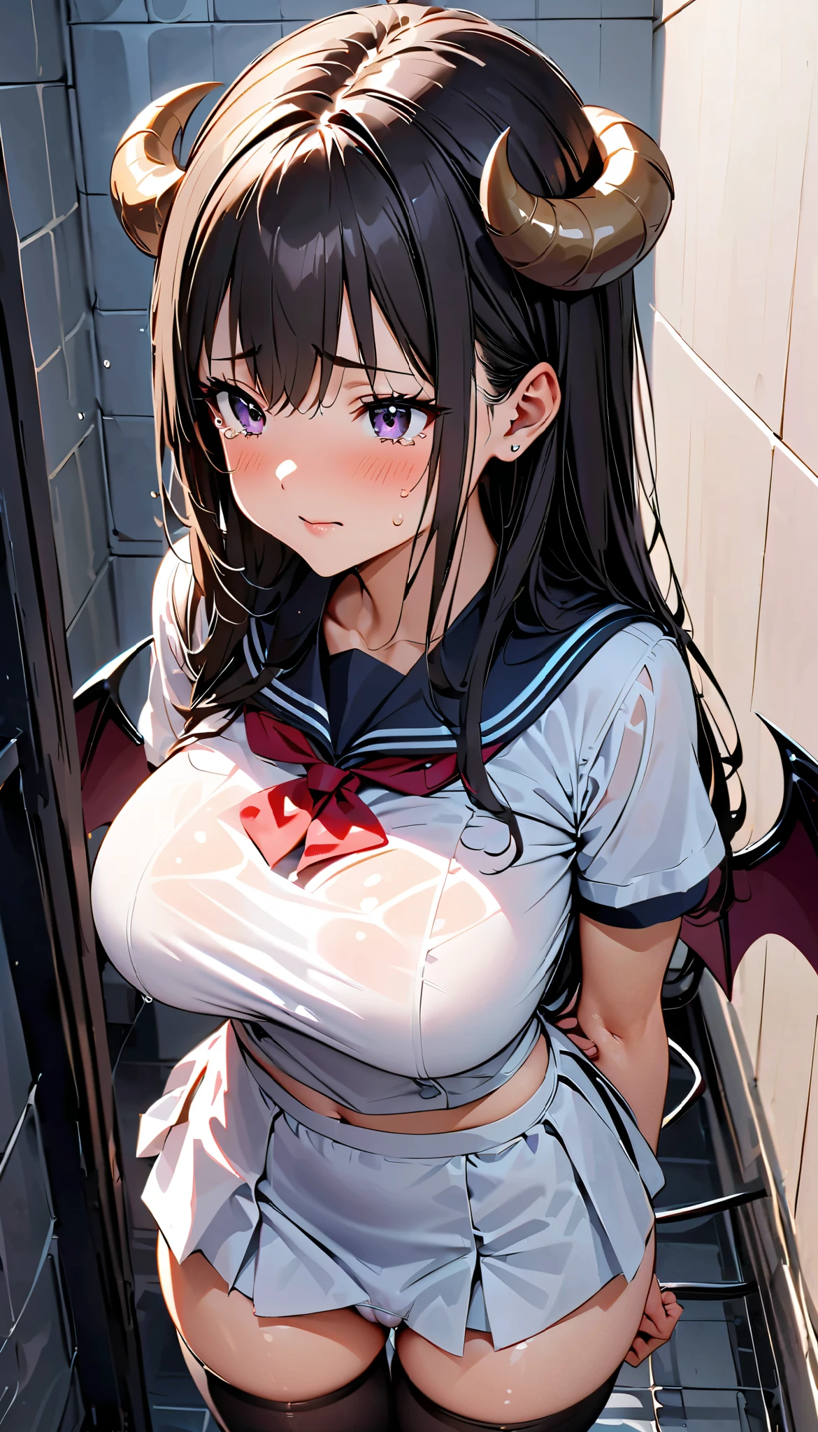 (slender, large breasts, cameltoe,((tented school uniform)), (midriff, thighs, constricted), (Sticky school uniform, mini skirt), white panties, black hair, long hair, beautiful detailed eyes, purple eyes,(cute eyes), black thigh highs, demon horns, demon girl, demon tail, demon wings, arms behind back, Curving Waistline, Shower room, cowboy shot, (from above:1.3), best quality , more details, masterpiece, super high resolution, 8k, embarrassing, blush, nice, with tears in her eyes, closed mouth, sweat