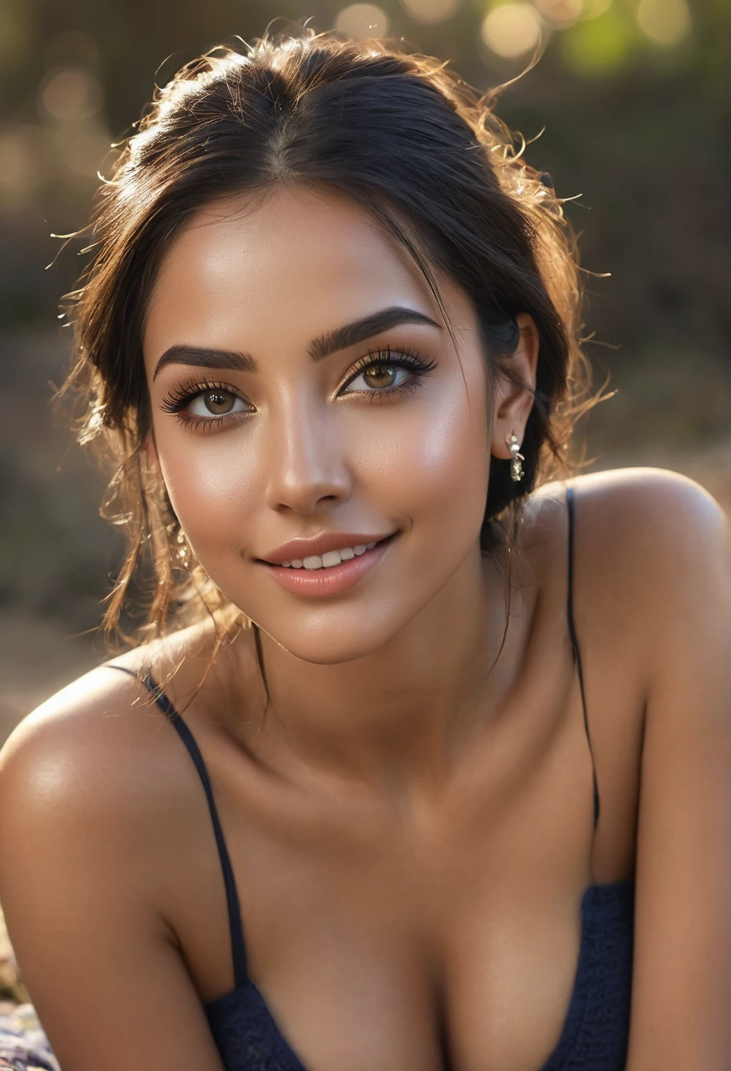 lhr piercing eyes, looking straight, very happy, retrato em close, detailed face and body LOreal makeup with shiny gold eyeshadow striking black eyeliner and nude lipstick the skin is smooth and radiant with a healthy glow outdoors sunny day natural makeup sincere pose friendly smile natural light wind in hair scenic background,generous neckline