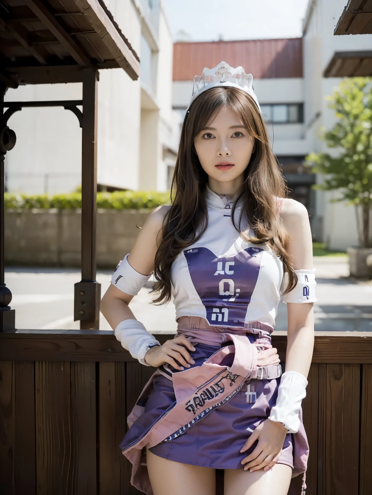 (Masterpiece, top quality , top quality , Official Art, beautiful、 beautiful:1.2), ,(RAW 写真 top quality :1.1),( one girl ), high resolution, very detailed, Ultra-Precise Performance, Alone, floating hair before getting V-shaped eyebrows, growing skin , asymmetry very short, (:1.2), perfect body, slender body , standing with hands on hips、 miniskirt, thighs, View Audience , ( race queen:1.8),,Nogizaka46,