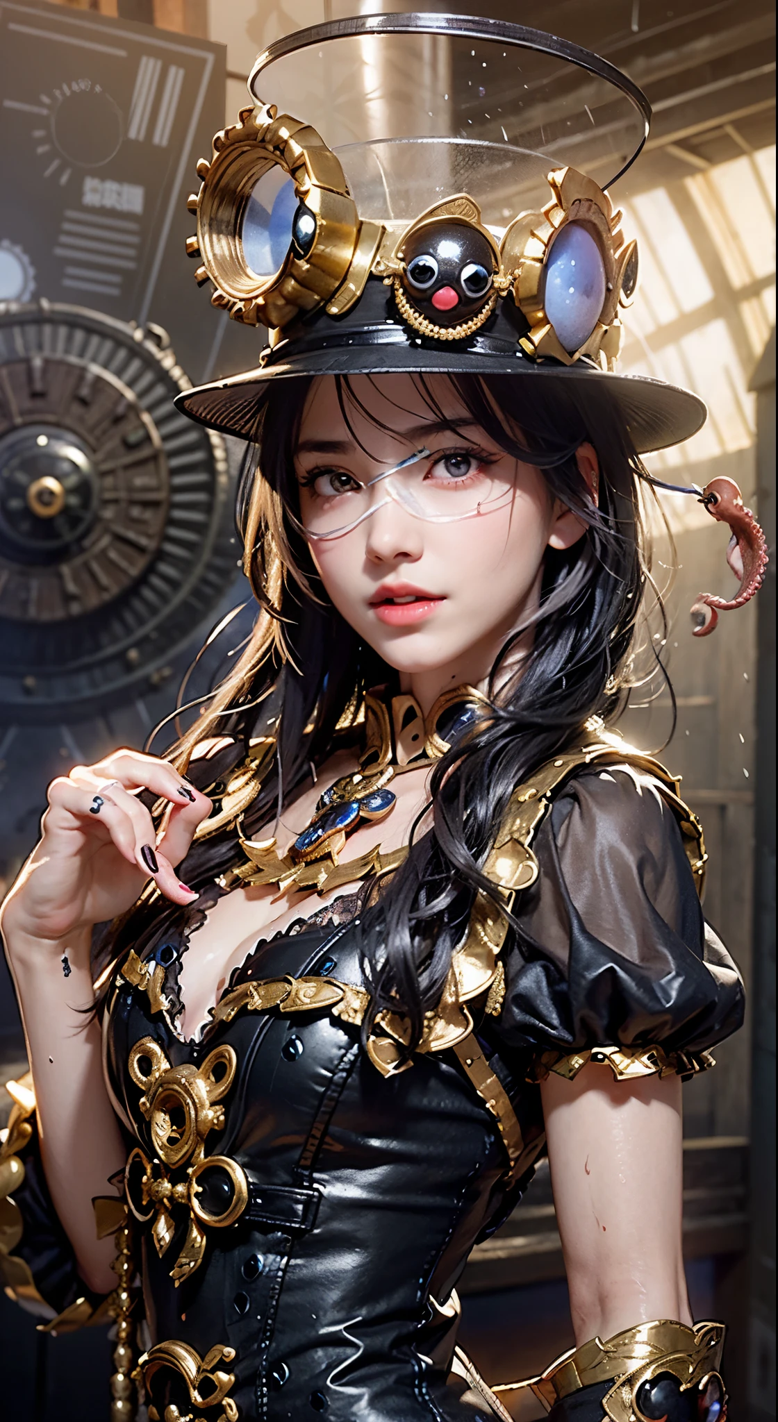 (masterpiece), (best quality), 8k resolution, 1girl, Asian girl, stunning beauty, perfect face, mature female, 20yo, sexy, steampunk, witch hat, at the workshop
