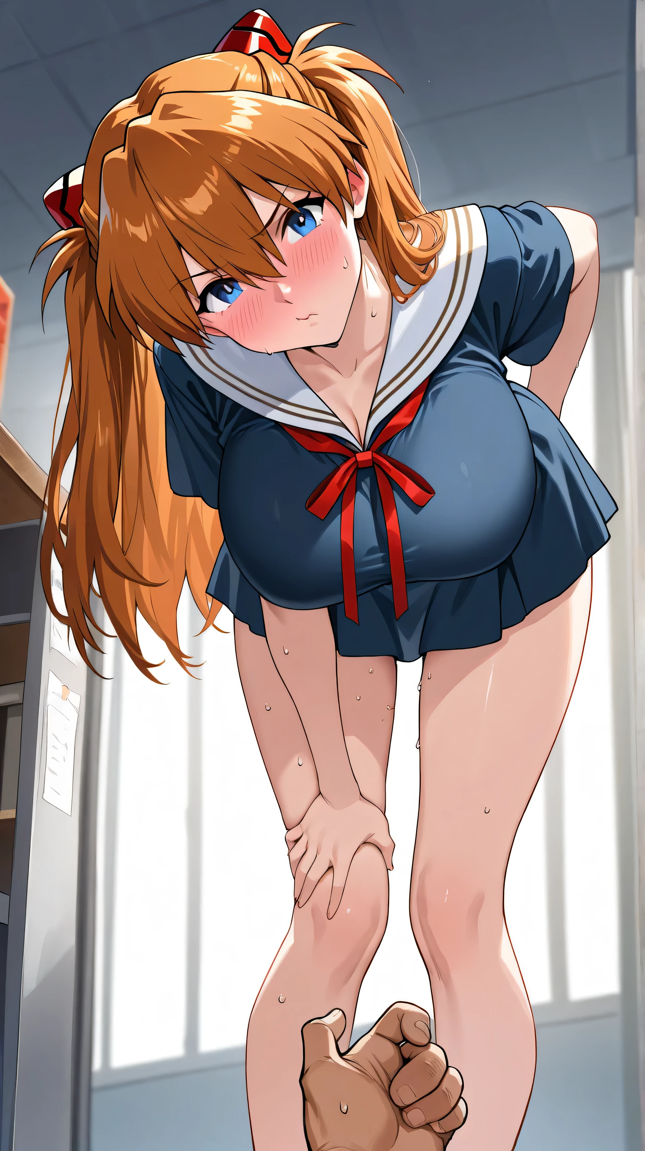 masterpiece,, alone, Asuna, ((masterpiece)), High resolution, Asuna、 Bright orange hair、vapor、Spread your legs、classroom、Sailor suit、((Wet white panties))、gang rape,Two boys,Handjob、Sucking penis、Cum on face