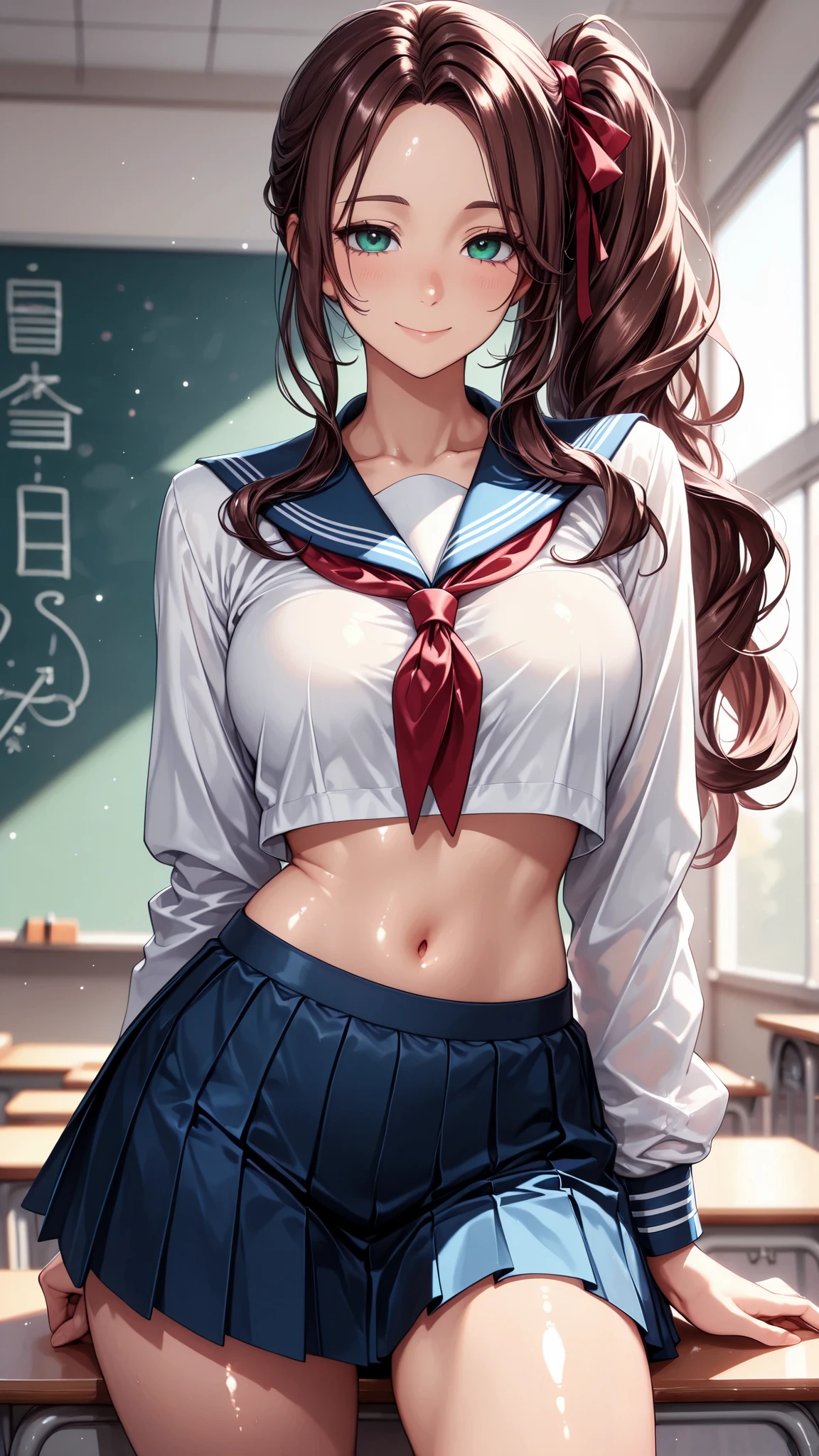 masterpiece, best quality, vibrant, very aesthetic, high contrast, anime style, semirealistic, newest, cinematic-lightning, Enhance colors to maximum saturation, shiny skin, slender, 1woman, cowboy shot, detailed face, detailed eyes, green eyes, slightly smile, semi-long hair, dark brown silky hair, forehead, sliced back hair, side ponytail, contrapposto, navel, Captivating thighs, knee, classroom, (sheer crop top white shirt), sailor suit,blue pleated skirt, red ribbon tie