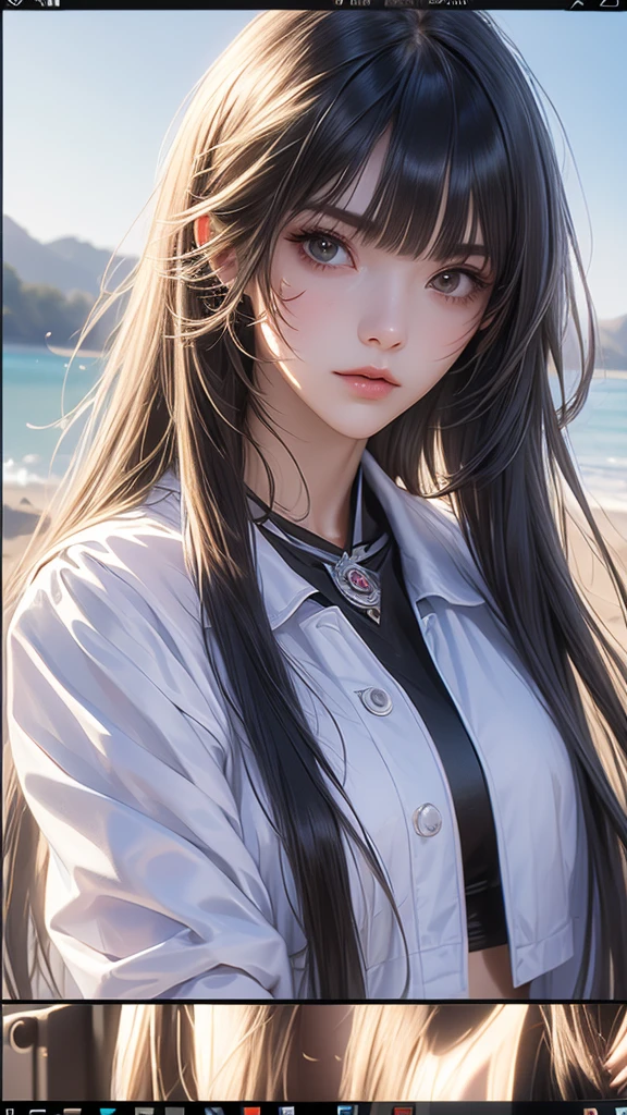 a white long skirt，long whitr hair，Raised sexy，adolable