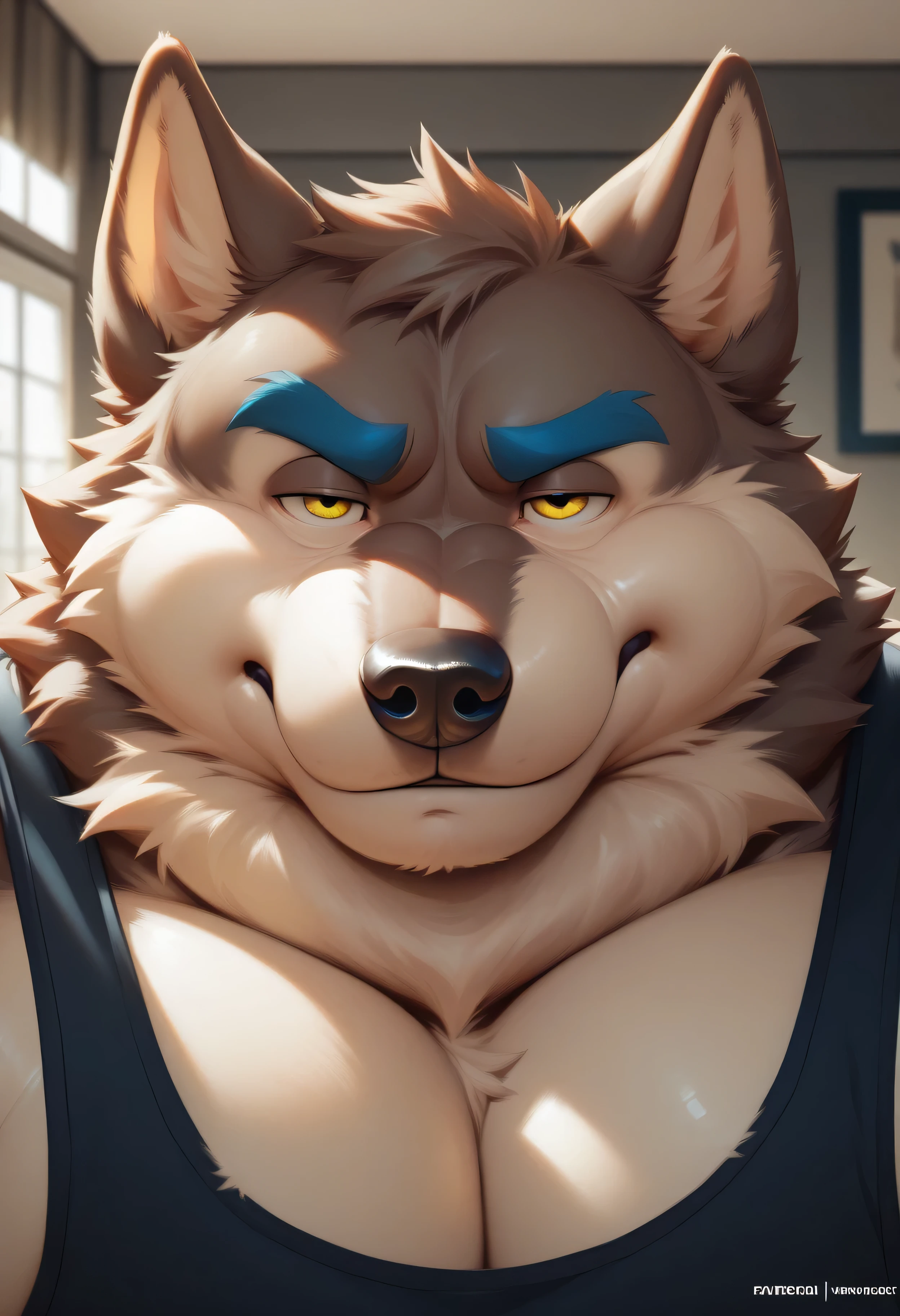 mr wolf, 4k, high resolution, best quality, perfect colors, perfect shadows, perfect lighting, posted on e621, furry body, solo, male, adult, masculine, (very muscular:1.3), correct anatomy, (photorealistic fur, detailed fur, epic, masterpiece:1.2), (locker room background, blurry background, background out-of-focus:1.1), (by Taran Fiddler, by Chunie, by Traver009, by wfa:1.2), (sweat:1.3), (detailed eyes:1.2), (naked, close-up, head, chest, arms:1.2), cocky smile, grin, looking at viewer, towel on shoulder