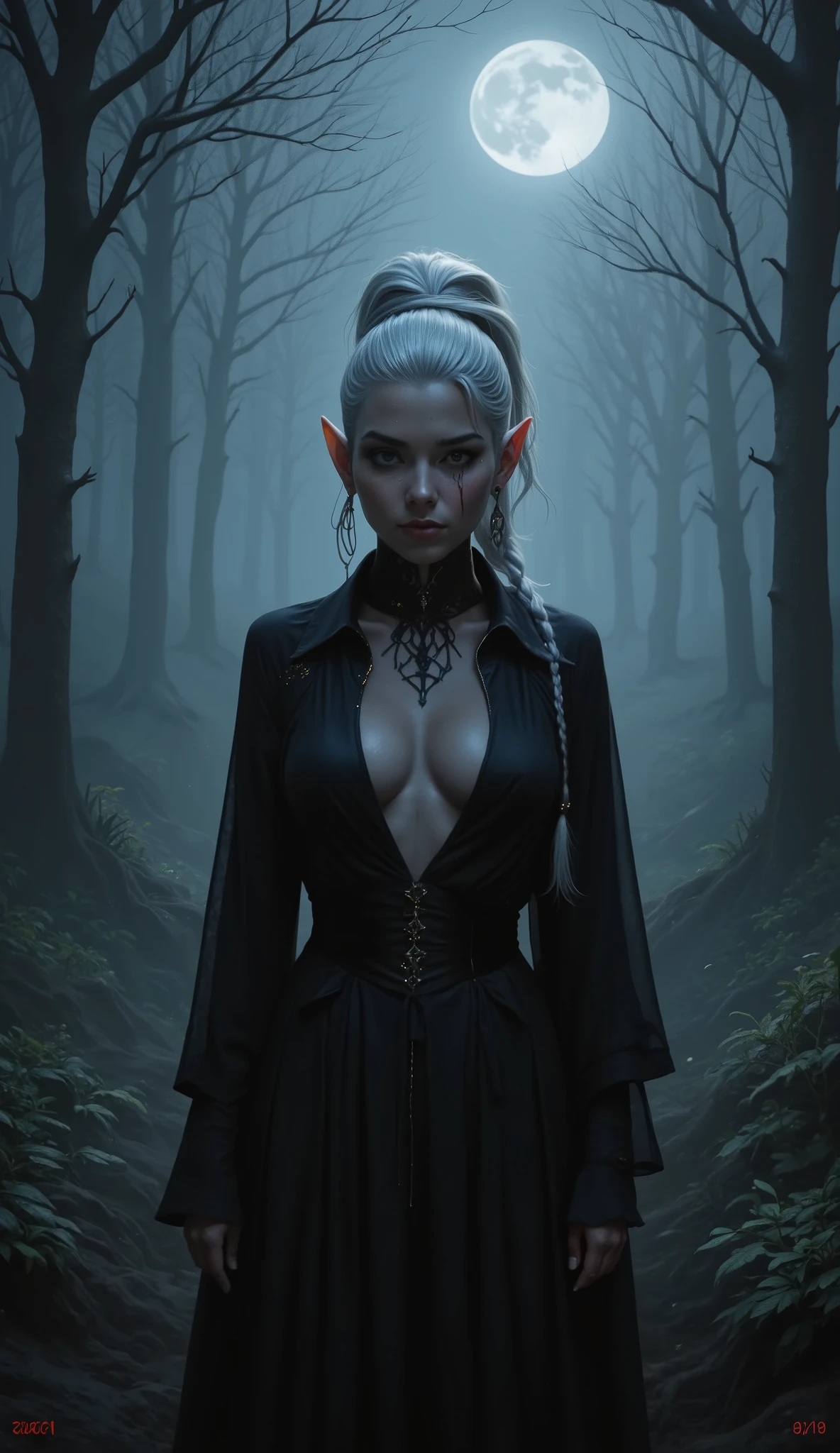 (Dark elf witch), the face of zendaya:Dua lipa, pointy ears, grey skin, white hair, (high top fade haircut), (one braid in one side of the head), masterpiece, dark forest in the background, fog, in the night, full moon ligth, 8k, detailed digital art, piercings.