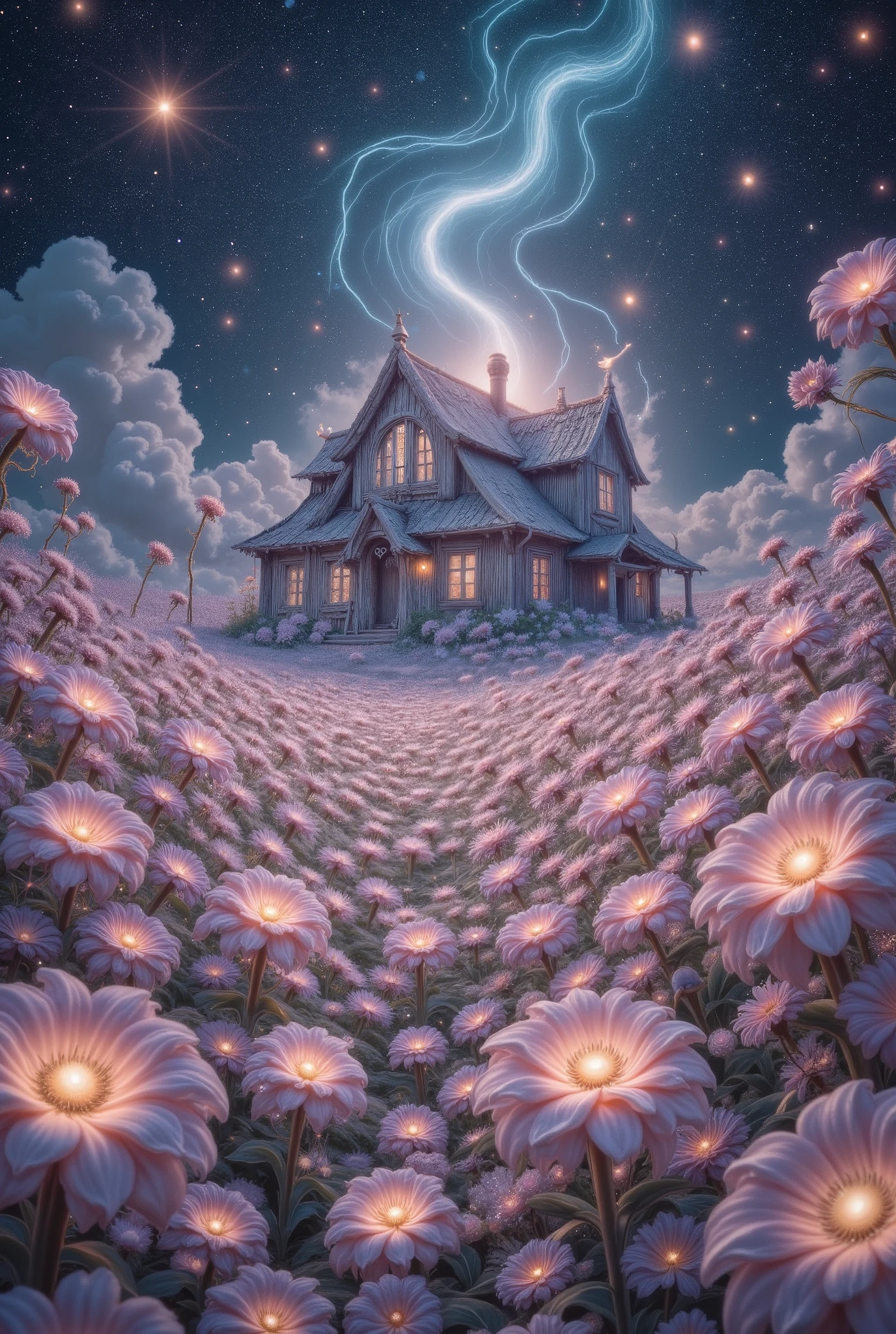 Painting of a house in a field with flowers and a bird, Moonlight shining on wild flowers , field of flowers at night , Dreamy illustration, cozy night fireflies , quiet night. digital illustration, Picture of starry night , beautifully illustrated, Jane Newland (New Zealand), night sky full of flowers , night scene, blurry and Dreamy illustration, illustrated in whimsical style , moonlit night, chiaroscuro, cinematic lighting, UHD, Retina, masterpiece, Accurate, Anatomically correct, textured skin, Super detail, high details, high quality, award winning , best quality, highres, textured skin, 1080P, HD, 16K