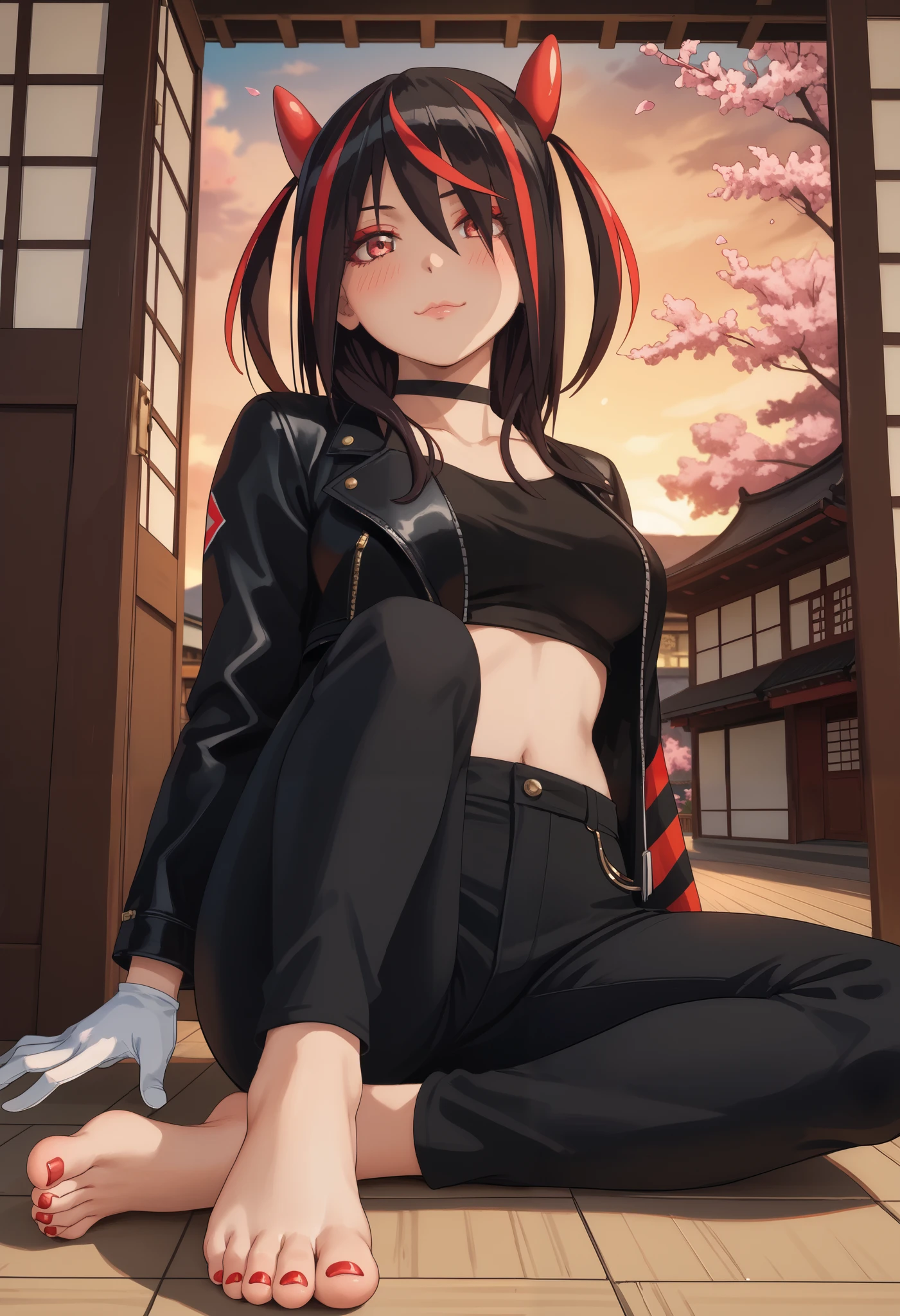 Score_9, Score_8_up, Score_7_up, bright skin: 0.1, anime_source, deep skin, high quality, high resolution, (curvy), ((wide hips)), medium breasts, cute, sexy, 1 girl, BREAK HaneruEmi, HaneruEmi, long hair, black hair, red highlights, red eyeshadow, red eyes, spiky hair, hair between eyes, side locks, black crop top, open jacket, black leather jacket, horns, choker, gold bracelet, black leather pants, white gloves, barefoot,
from below, one foot out, seductive smile, blush, lips parted, toenail polish, sit,
East Asian architecture, wooden floor, door, sunset, cherry blossoms, look at viewer, frown, tease), (Beautiful medium breasts: 1,2),