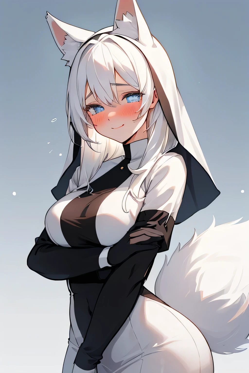 An  illustration of a beautiful  girl with fox ears and a fox tail. She has long, silky white hair and mesmerizing blue eyes that shimmer with emotion. Her petite stature is complemented by a curvy and elegant figure, with medium-sized breasts. She wears a yet nun outfit, emphasizing her grace and poise. The girl is blushing deeply, her red face and tender smile conveying a mix of embarrassment and affection. Her eyes glisten with unshed tears, hinting at a tender, emotional moment. She exudes a serene and flirtatious aura, with a soft, feminine charm. Set against a serene, minimalistic background to emphasize her presence. in snow, temple, mansion, 