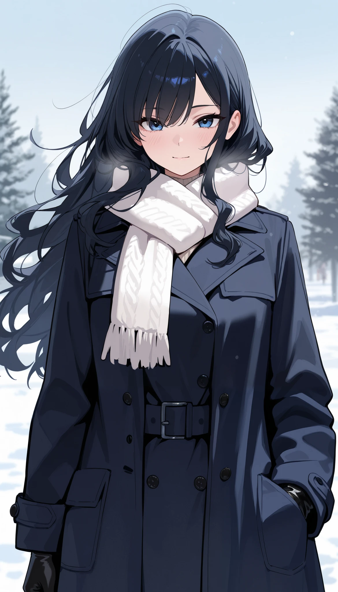 (((Best quality, 8k, Masterpiece: 1.3)), ((best quality)), Sharp focus A beautiful woman with perfect body, Highly detailed face and skin texture, (Detailed eyes), White scarf, navy blue wool long coat, Long wavy black hair, The hair on the right side is long enough to cover the right eye, The left side of the hair is tucked behind the left ear, She is wearing black leather gloves and has her left hand in her coat pocket, 