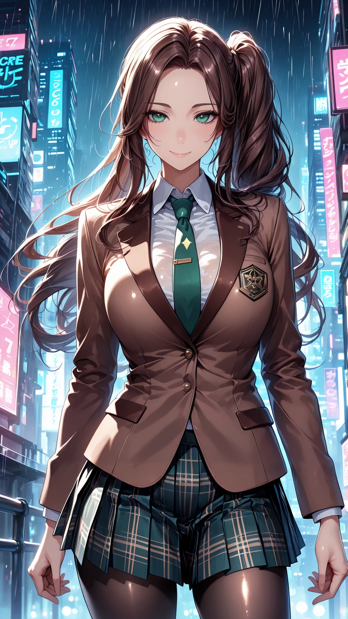 masterpiece, best quality, vibrant, very aesthetic, high contrast, anime style, realistic, newest, shiny skin,slender, cinematic-lightning, Enhance colors to maximum saturation, cowboy shot, high contrast, 1girl, detailed eyes, green eyes, slightly smile, detailed semi-long hair, dark brown silky hair, forehead, sliced back hair, side ponytail, contrapposto, Captivating thighs, uniform, brown blazers, Green tie, Plaid Pleated Skirt, black tights, rainy cyber city, at night
