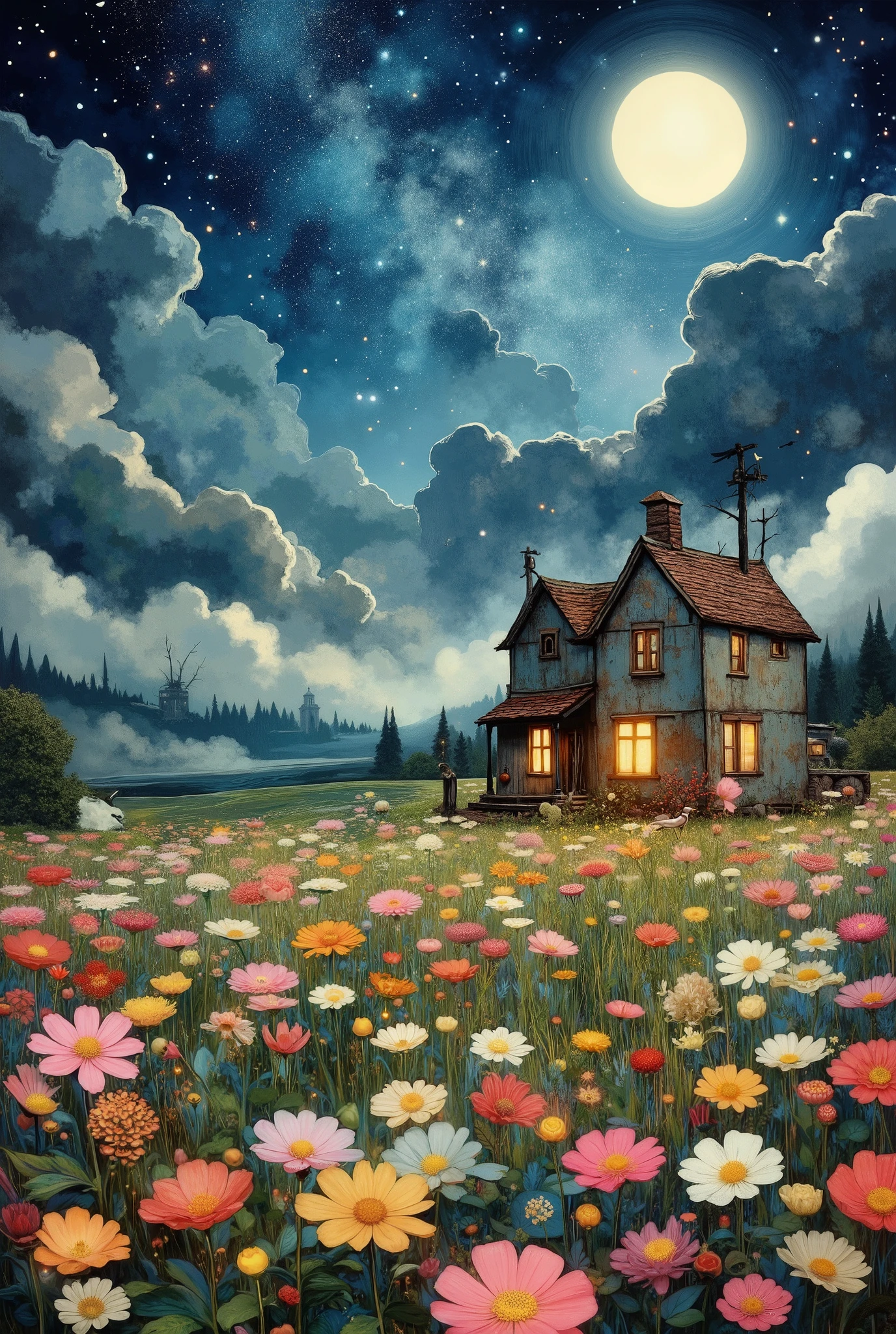  Painting of a house in a field with flowers and a bird,  Moonlight shining on wild flowers ,  field of flowers at night , Dreamy illustration,  cozy night fireflies , quiet night.  digital illustration, Picture of starry night , beautifully illustrated, Jane Newland (New Zealand),  night sky full of flowers , night scene, blurry and Dreamy illustration,  illustrated in whimsical style , moonlit night, chiaroscuro, cinematic lighting, UHD, Retina, masterpiece, Accurate, Anatomically correct, textured skin, Super detail, high details, high quality,  award winning , best quality, highres, textured skin, 1080P, HD, 16K