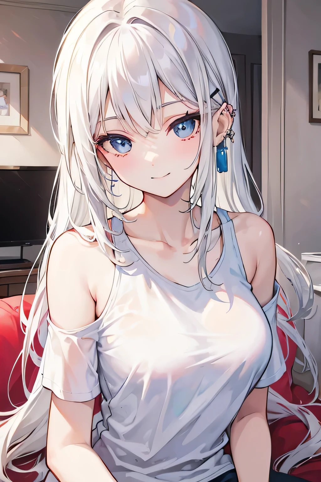 realistic, 1girl, Hair braids, parted lips, blush, makeup, slim, perfect body, light smile, white hair, denim shorts, t-shirt , bedroom background , wet clothes, glow, thighs, blue eye, bare shoulders, collarbone, narrow waist, sunbeam, sunlight, rose, wind, cleavage, (masterpiece), sweat,