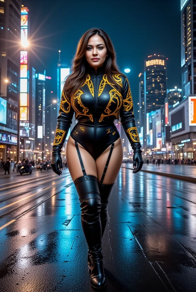 (((best quality))), (((masterpiece))), solo, super fine photo, full body picture Unreal Engine 5 8K UHD, beautiful woman, curvy woman, face detailed, wearing gold lace, latex collar, arm and leg cuffs, unified 8k wallpaper, hyper detailed, sharp focus, walking in the futuristic city.