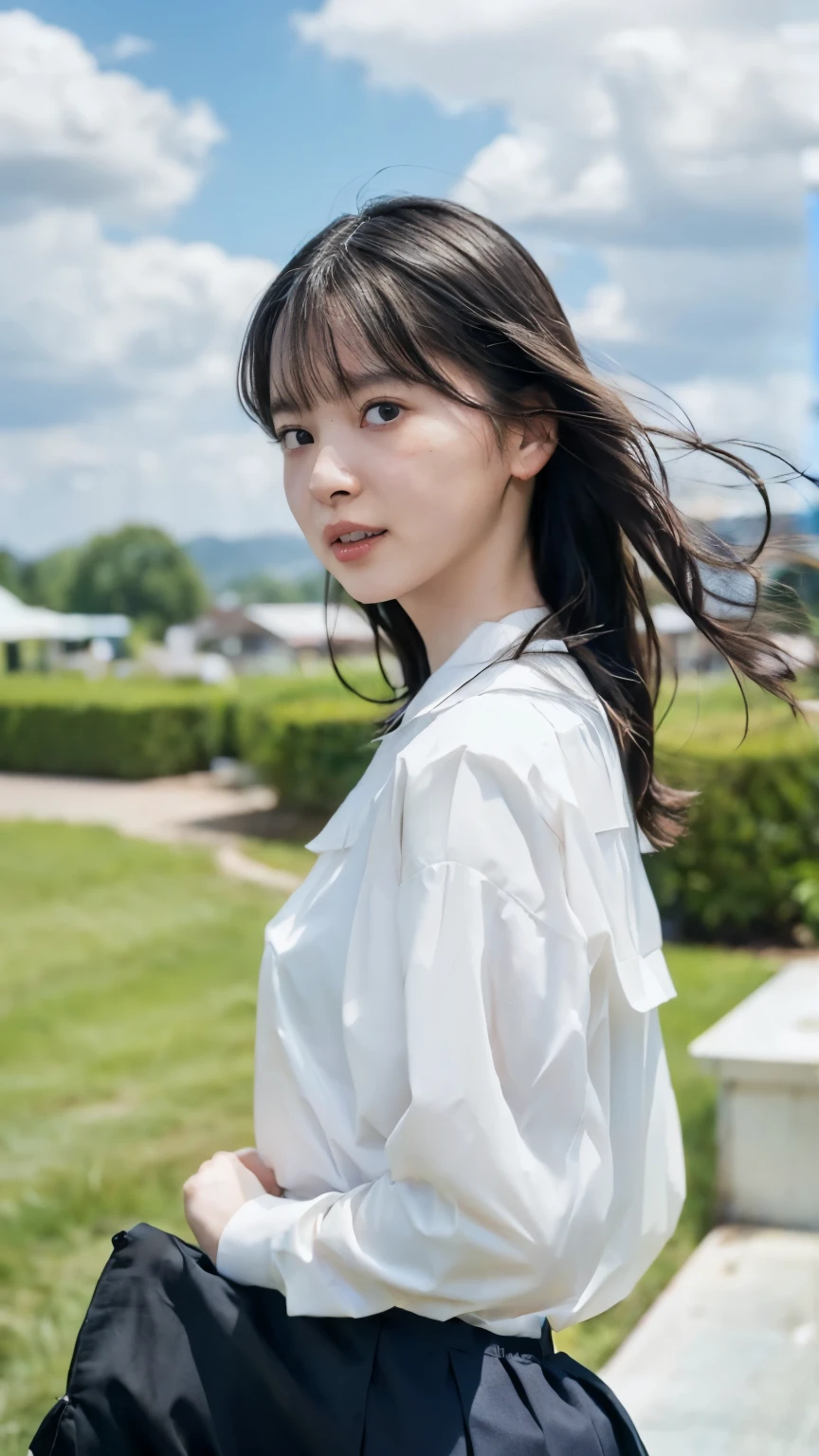 Drawing from bottom to top:1.53, one girl、Beautiful, detailed eyes and face 、 barefoot、 cute Japanese girl, ((Extremely accurate anatomy:1.0)), (photo realistic:1.4), (hyper realistic:1.4), (最高品質の realisticな肌の質感:1.4), (Improved quality:1.4), ( enhances the beauty of the skin's texture :1.1), Clean, glowing skin, mesh, thin:1.2, ( realistic:1.3), realisticなライティング, ( Smoother Lighting :1.05), (Improving the quality of cinema lighting:0.9), backlit, A gentle light for your face, ray tracing , ( bright light:1.2), 32K, Japanese woman alone, fine grain, detailed face, ( FILM GRAIN:1.1),( accentuate body line:1.1), high resolution, Natural Look , kind eyes , Improves hair quality, Delicate light and dark , Transparent muscles, Graceful posture, beautiful eyes, sharp details , soft light reflection, beautiful outline, Delicate Skin Color , Thin hair , Natural background, ((( sunny day、School Area、 strong winds 、 Her hair and skirt are fluttering、 open shirt、 pleated skirt、stroll:1.25、 sunshine、sunny、 stage、Blue sky and white clouds、The joy of youth)))、Erection under clothes