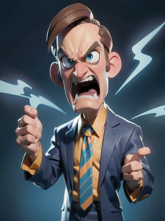 (masterpiece, 4k, high quality, colorful, super detailed eyes and face:1.2), CARTOON, ANIME, CARTOON ARTSTYLE, Saul Goodman, Saul is wearing a dark blue business suit, very angry, furious, Saul Goodman is screaming, blue electricity is emitting from Saul's hands

