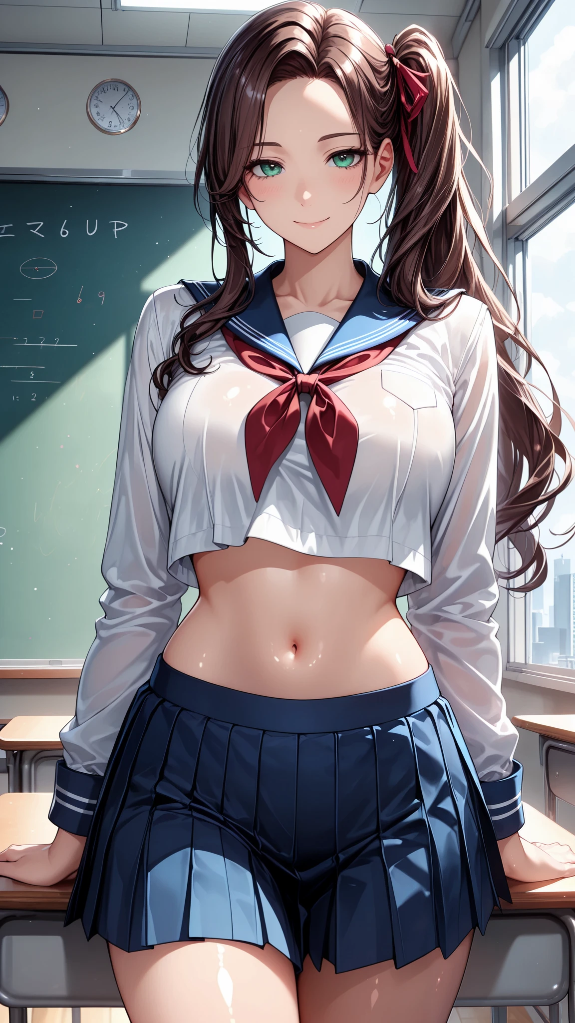 masterpiece, best quality, vibrant, very aesthetic, high contrast, anime style, realistic, newest, cinematic-lightning, Enhance colors to maximum saturation, shiny skin, slender, 1woman, cowboy shot, detailed face, detailed eyes, green eyes, slightly smile, semi-long hair, dark brown silky hair, forehead, sliced back hair, side ponytail, contrapposto, navel, Captivating thighs, knee, classroom, (sheer crop top white shirt), sailor suit,blue pleated skirt, red ribbon tie
