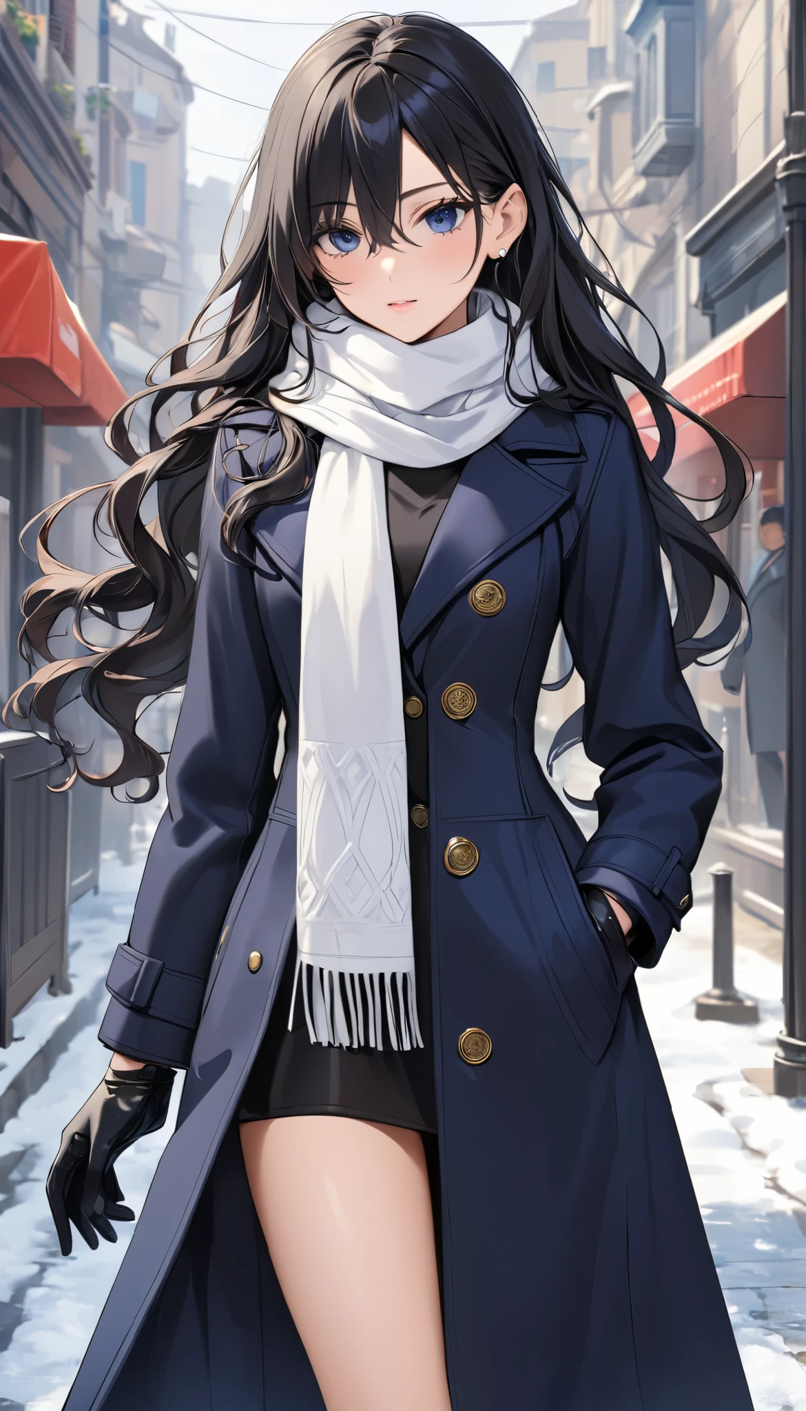 (((Best quality, 8k, Masterpiece: 1.3)), ((best quality)), Sharp focus A beautiful woman with perfect body, Highly detailed face and skin texture, (Detailed eyes), White scarf, navy blue wool long coat, Long wavy black hair, The hair on the right side is long enough to cover the right eye, The left side of the hair is tucked behind the left ear, She is wearing black leather gloves and has her left hand in her coat pocket,