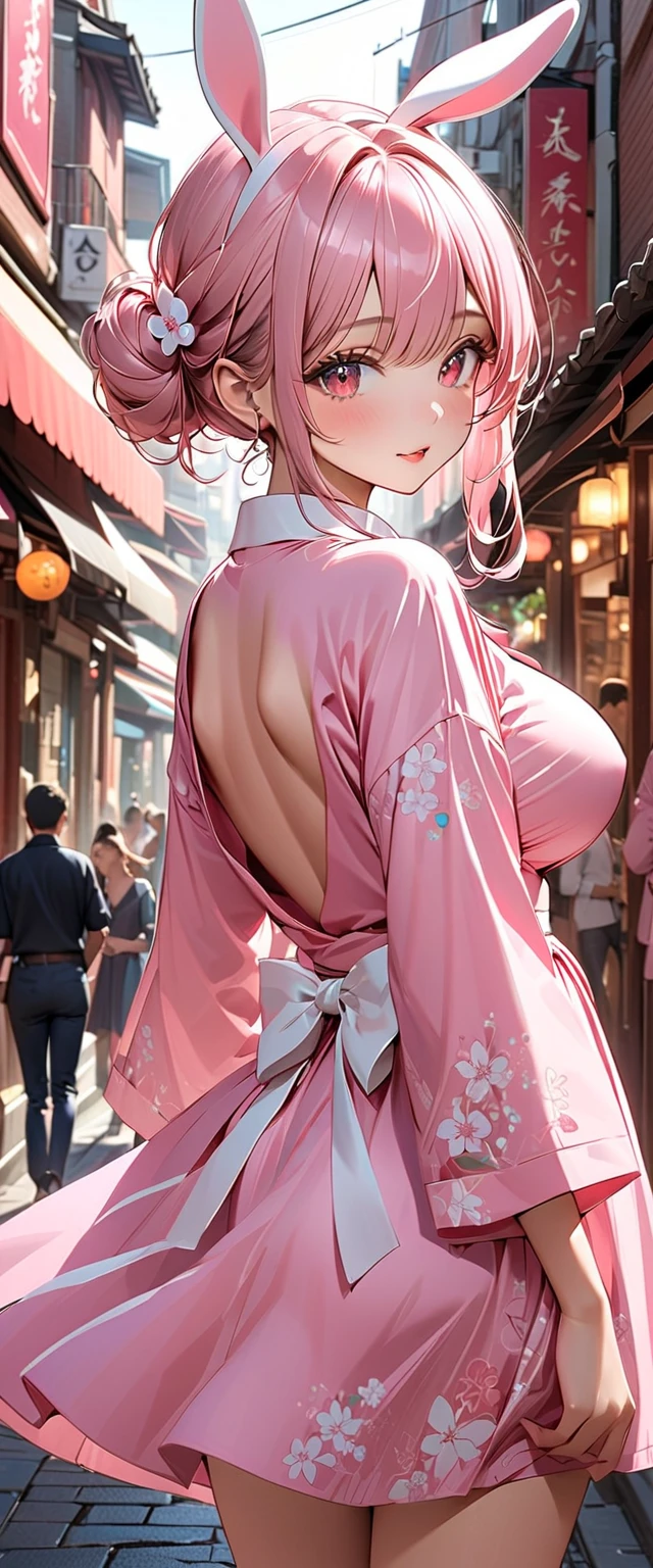 Pixel art, A pink-haired, long whitr hair,animification, sandbeach, Stand on the bustling streets,White skin of the, Gorgeous off-the-shoulder kimono, boobgasm, huge boob,huge tit,figure, blue color eyes,Gentle