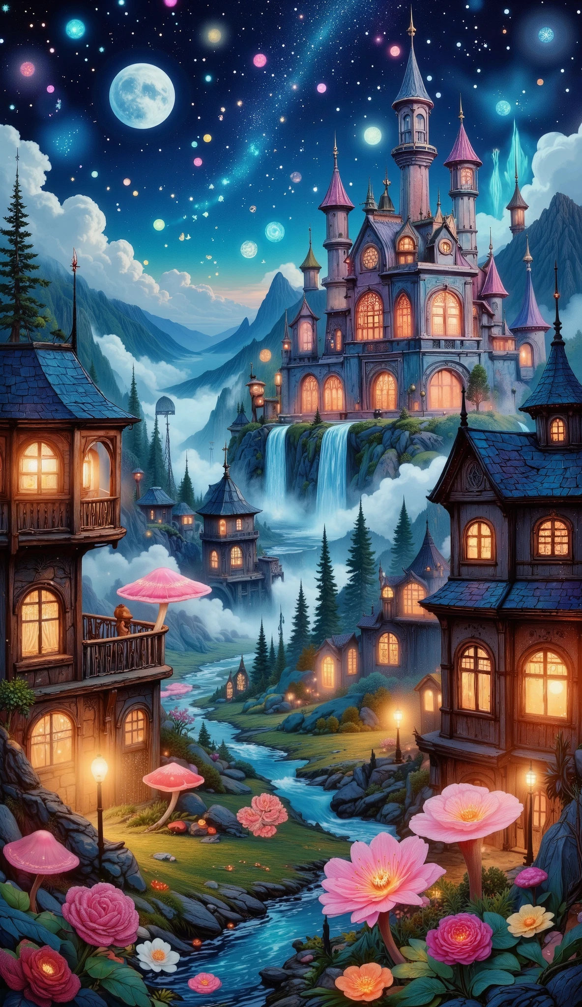 detailed dreamland, fantasy landscape, colorful magical forest, enchanted castle, glowing fireflies, shimmering waterfalls, whimsical mushrooms, vibrant flowers, beautiful detailed eyes, beautiful detailed lips, extremely detailed eyes and face, long eyelashes, (best quality, 4k, 8k, highres, masterpiece:1.2), ultra-detailed, (realistic, photorealistic, photo-realistic:1.37), HDR, UHD, studio lighting, ultra-fine painting, sharp focus, physically-based rendering, extreme detail description, professional, vivid colors, bokeh, fantasy art, concept art, digital painting, dramatic lighting, cinematic composition