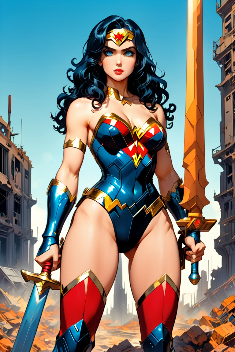 A closeup of wonder woman standing on a rock, extremely detailed artgerm, artgerm comic, using blue and red alloy, (using, ((vaporous:1.2) (transparent:1.2) (white: 0.6) (chiffon) (crop top) grabbed (wet: 1.4) skin ): 1.2))),