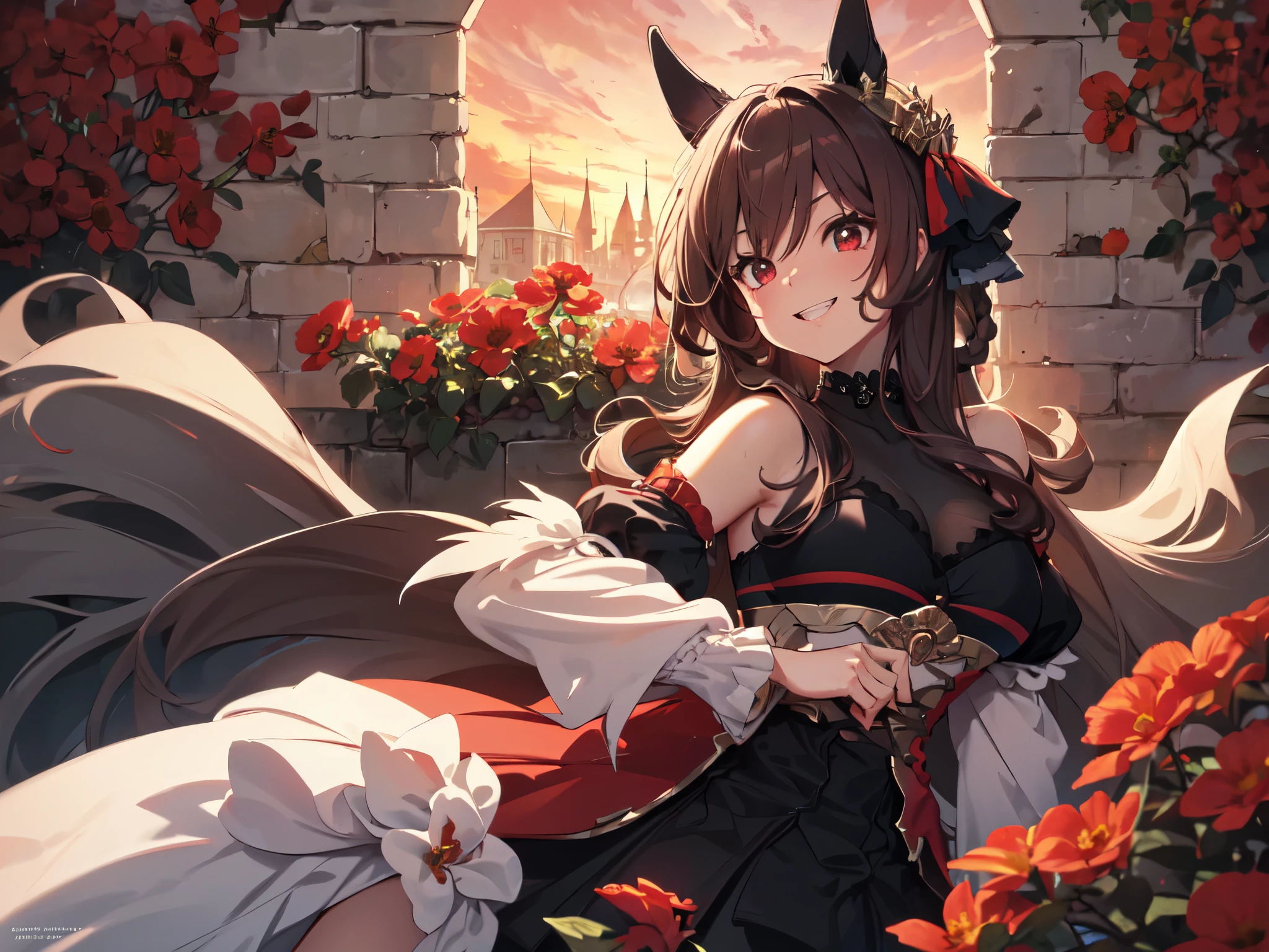 masterpiece, uhd, best quality, highres, 8k、shoot from above、upper body shot。solo、Alone、１Alone。Girl with horse ears、beautiful girl、low length、。Smile。Pink Lipstick、Beautiful breasts。Red Dress、Wedding dress、Shoulder less、Veil、Feather coat、Attached sleeves。Hands on hips。breeze、cliff、Starry Sky。