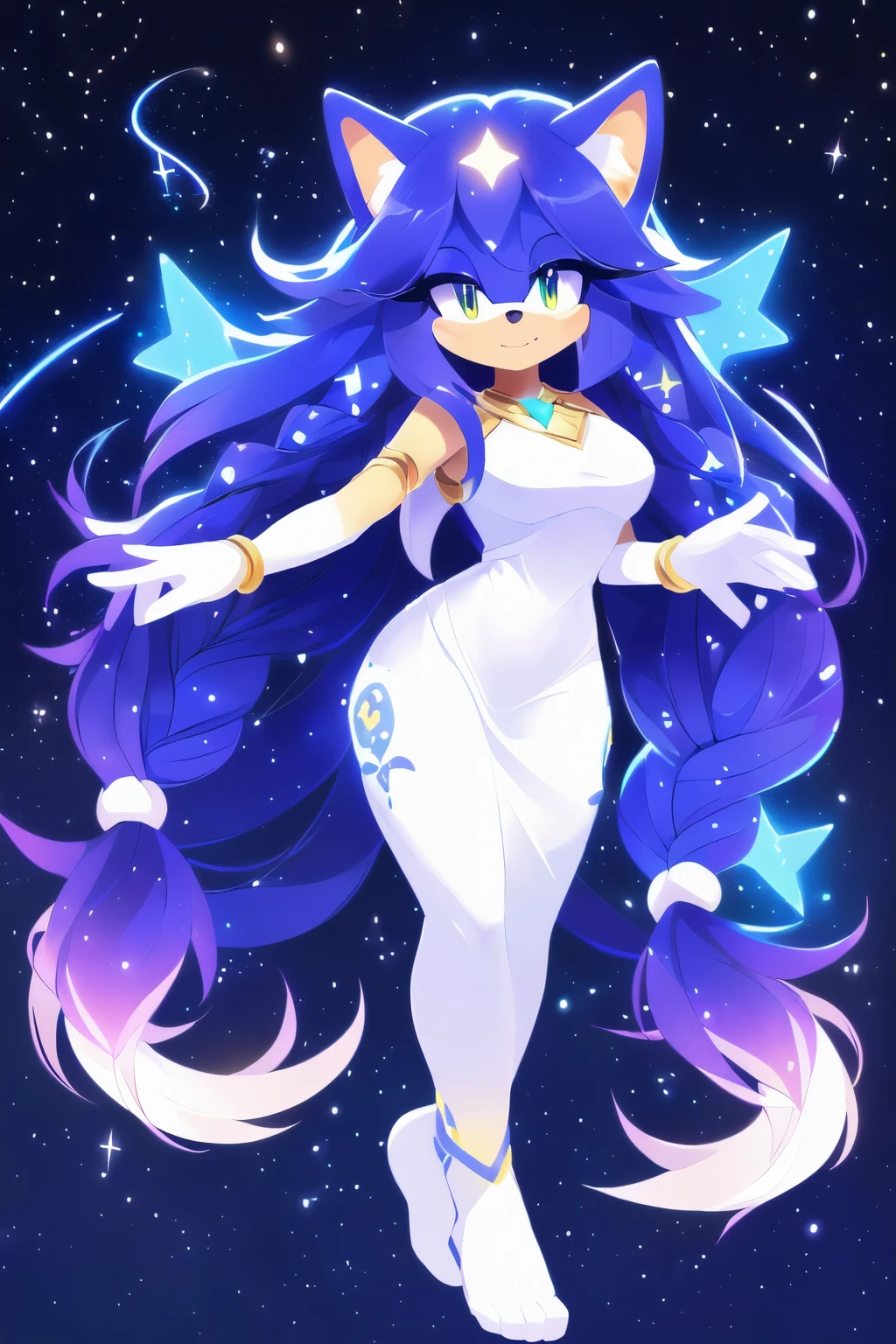 ""((thicc and curvy)), ((solo girl)) ((better quality)), full body, anthrophomorphic female ((Pony)), blue tiffany skin, dark blue eyes pulpils, shy expression, long blue hair, goddess marine blue long dress, plate belt, plate braces, medium blue socks, golden collar, floating (((space background)))