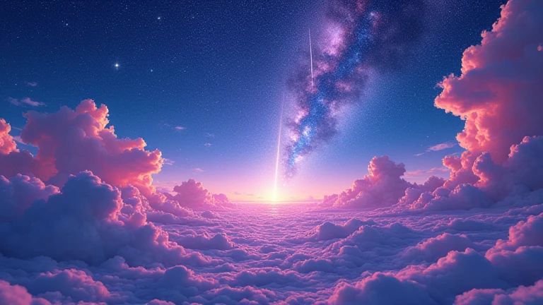 A stunning 3D-rendered scene featuring a magical dreamland, ethereal trails across a vibrant, otherworldly night sky. The composition is hyper-detailed and visually striking, evoking a sense of awe and magic. The design is reminiscent of award-winning art, with exaggerated caricature elements adding charm and a "wow" factor to the breathtaking celestial landscape.