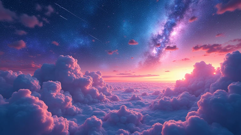 A stunning 3D-rendered scene featuring a magical dreamland, ethereal trails across a vibrant, otherworldly night sky. The composition is hyper-detailed and visually striking, evoking a sense of awe and magic. The design is reminiscent of award-winning art, with exaggerated caricature elements adding charm and a "wow" factor to the breathtaking celestial landscape.